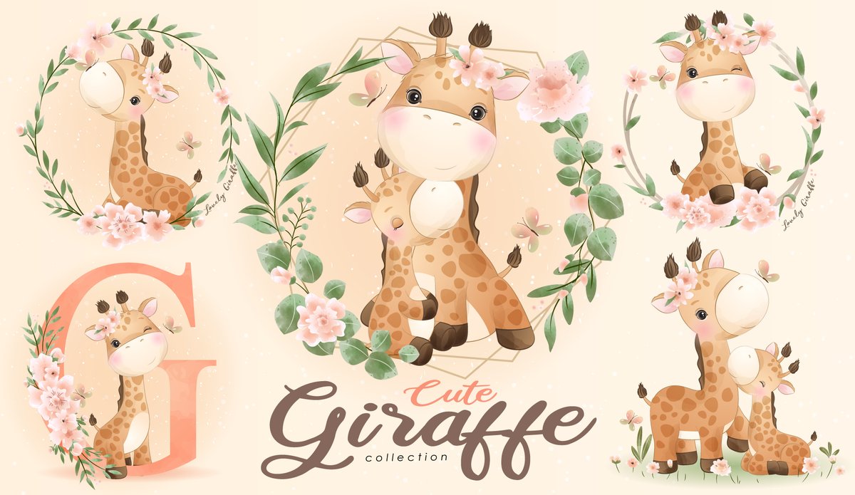 cute little giraffe with watercolor illustration set - Free Graphics - Design Download | Seekpik