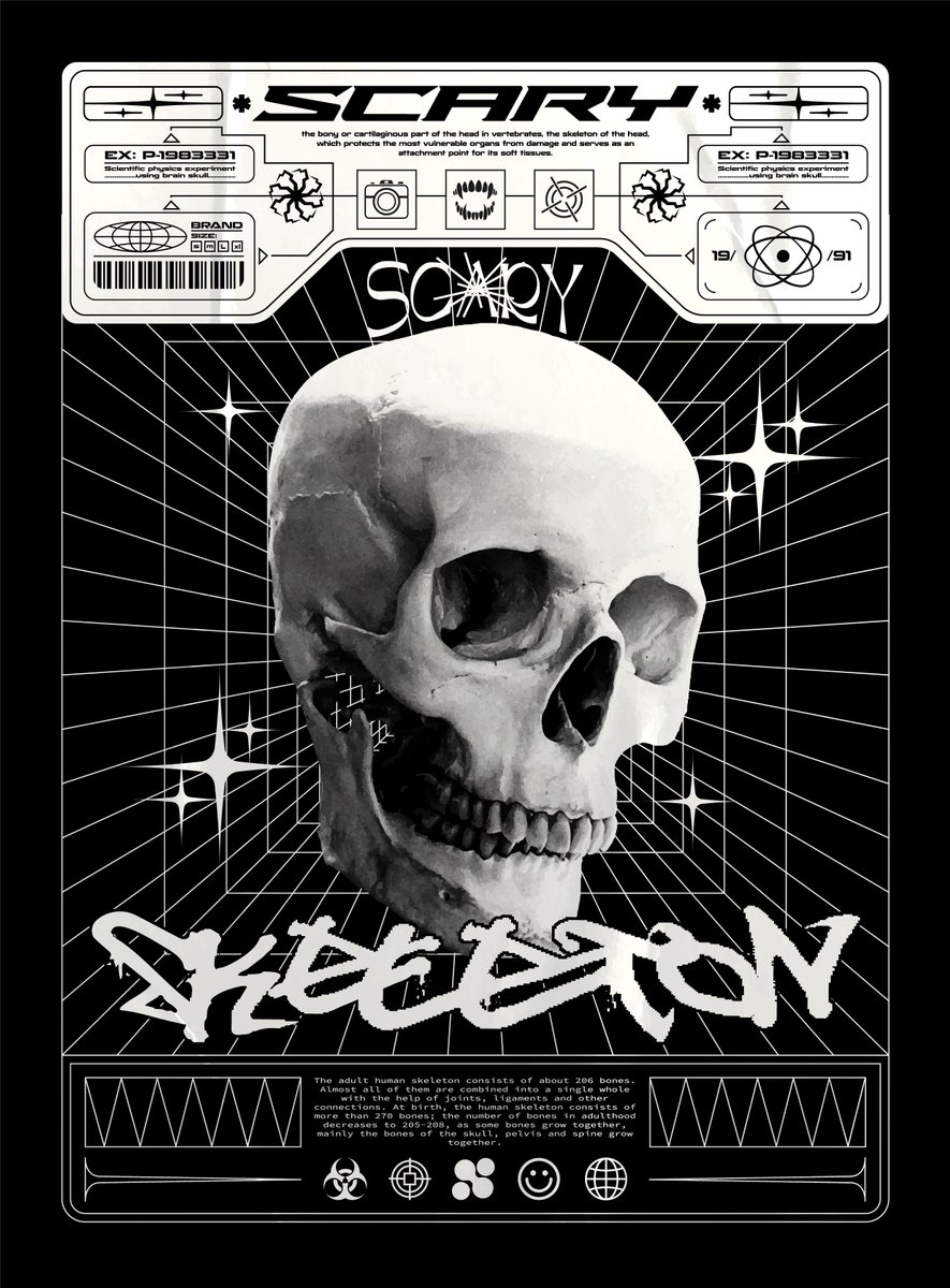 modern poster with human skull horror style with elements techno - Free Graphics - Design Download | Seekpik