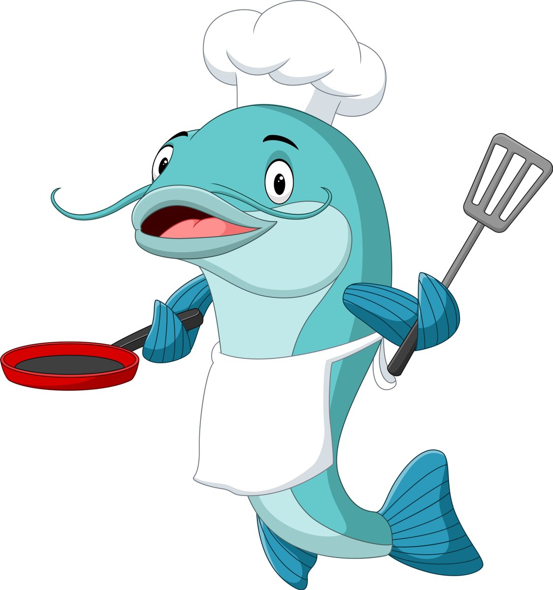 cartoon catfish chef holding frying pan spatula - Free Graphics - Design Download | Seekpik