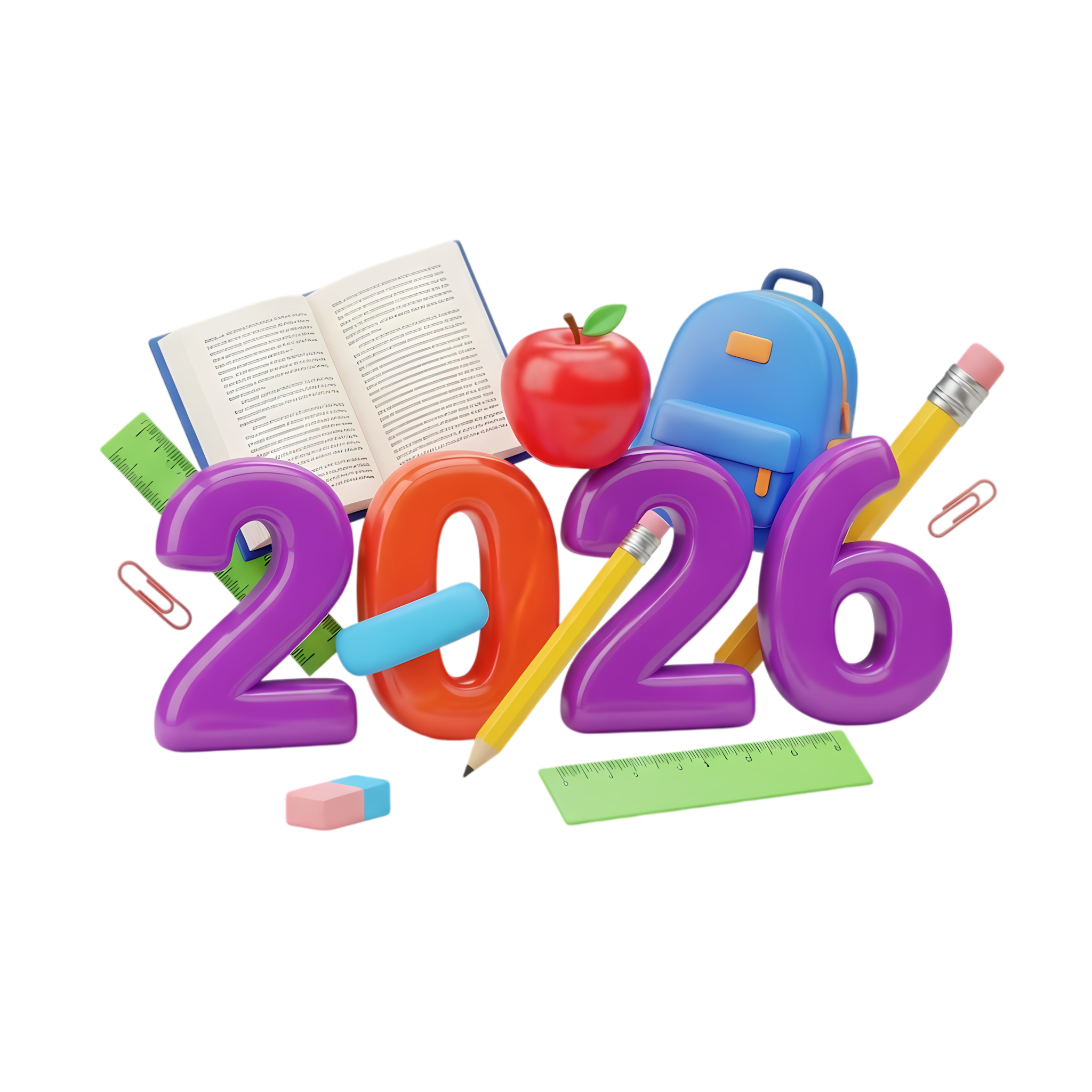 glossy 3d numbers 2026 with school supplies illustration