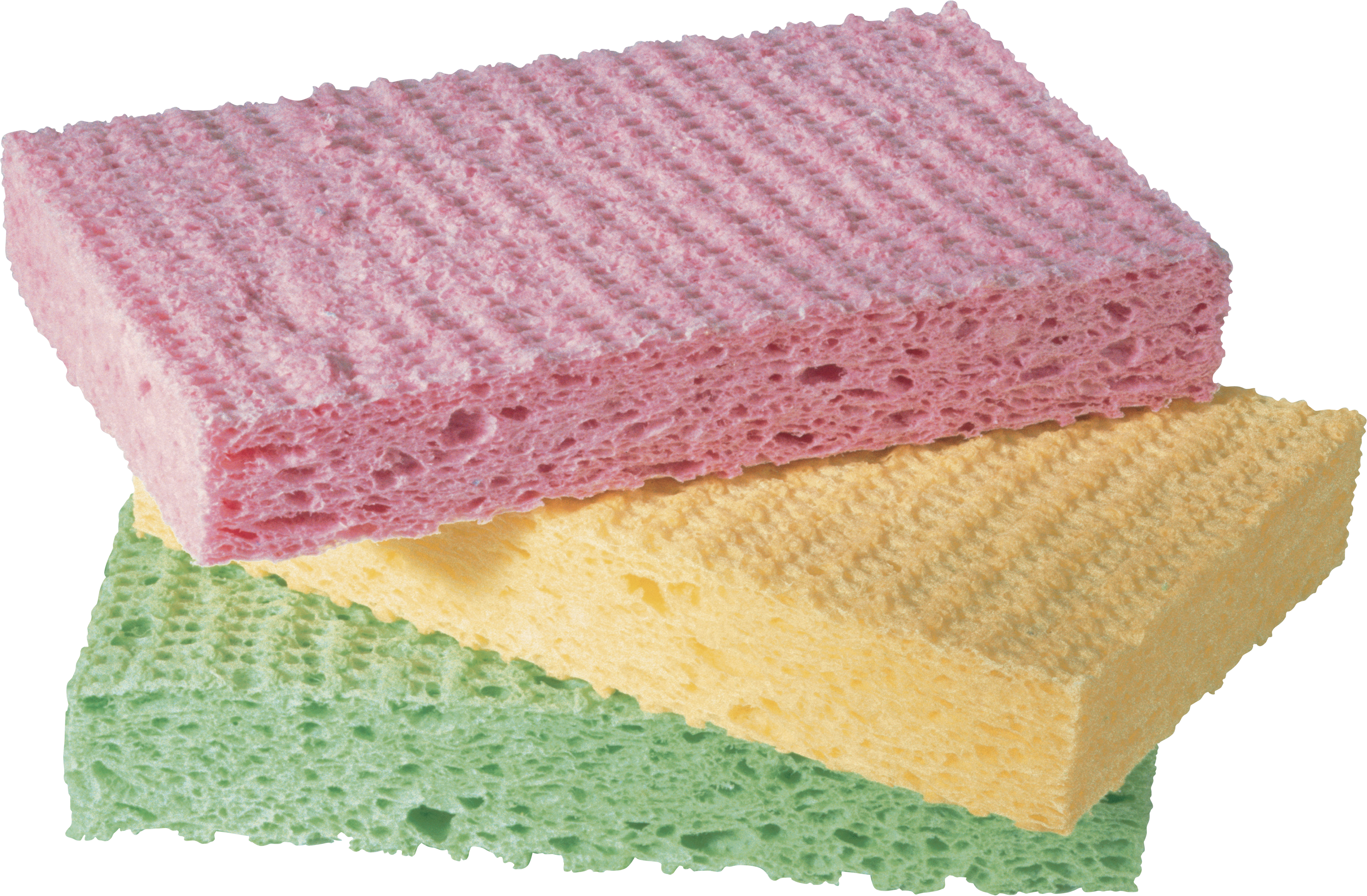 three vibrantly colored dish soap sponges png