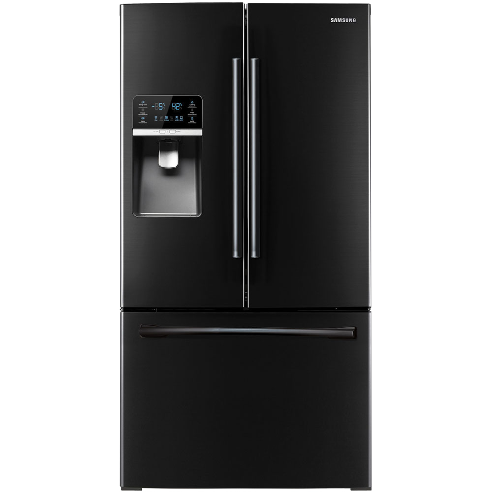 sleek black samsung refrigerator stands against png