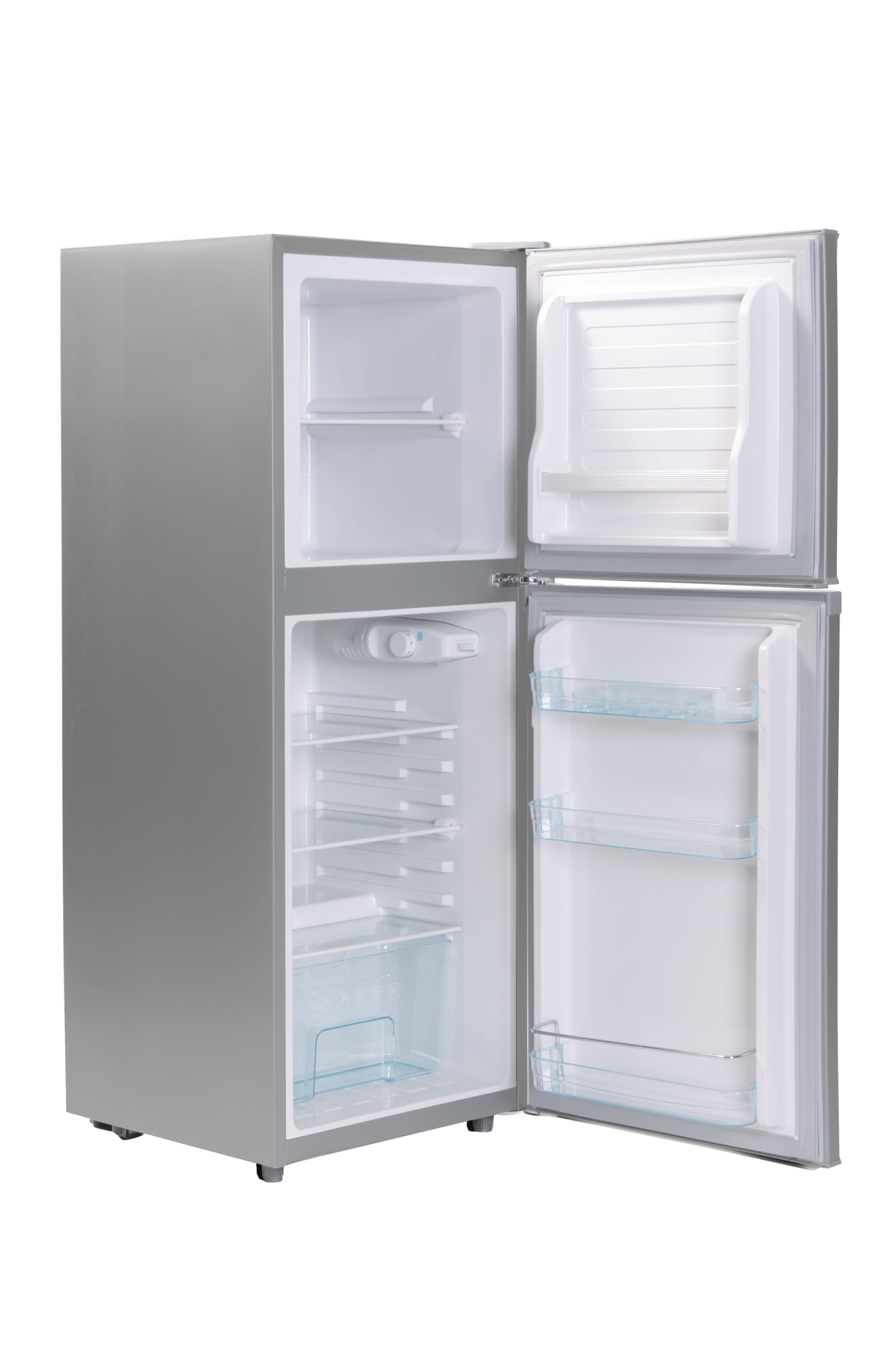 silver top-freezer refrigerator stands against white png