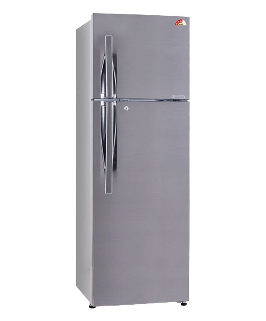 sleek gray refrigerator stands against stark png
