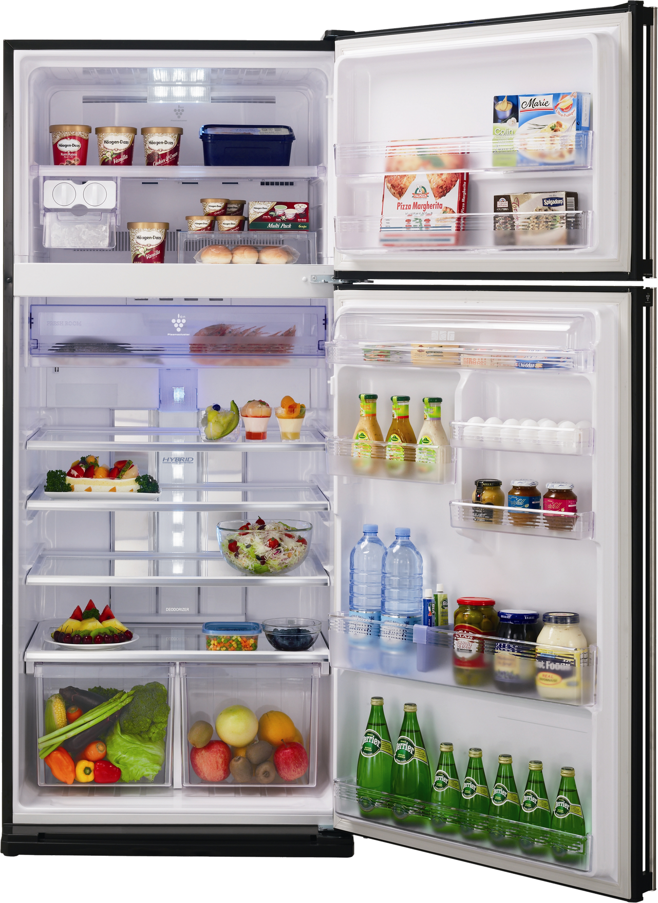 open refrigerator divided into top freezer png