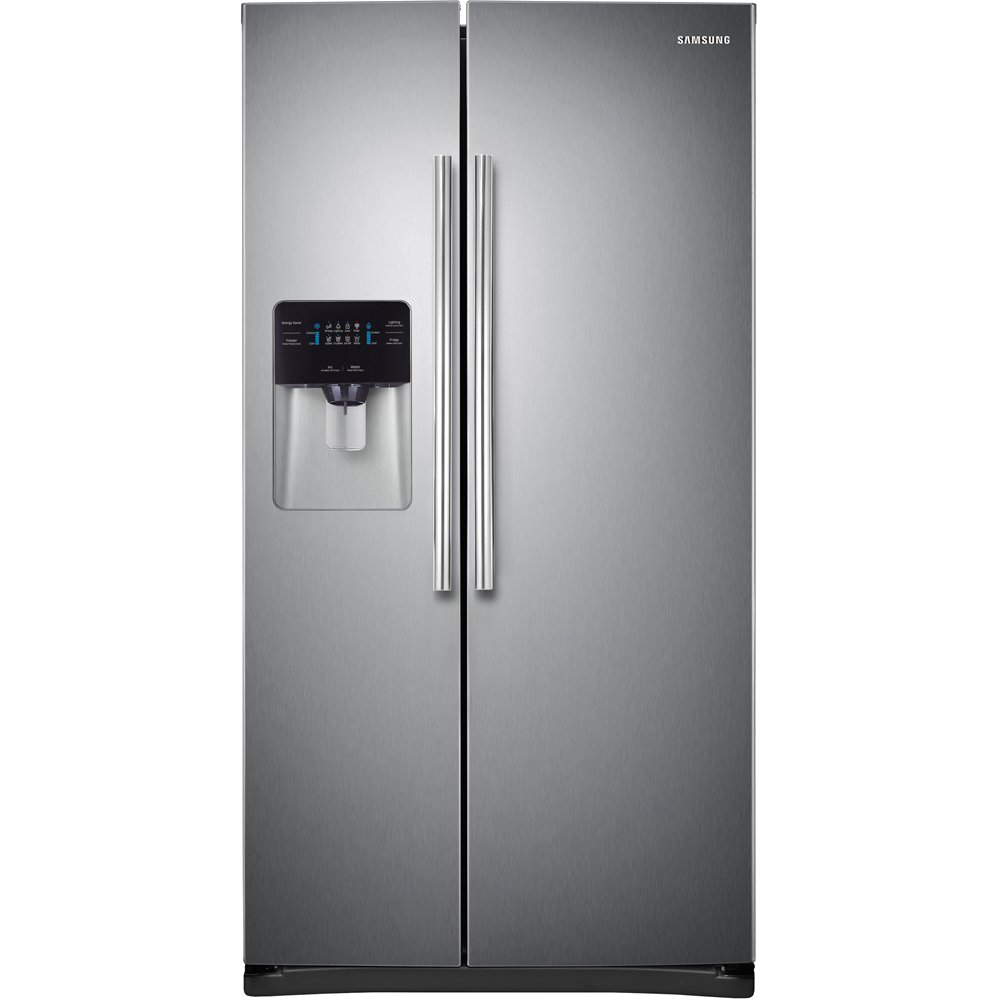 sleek silver samsung refrigerator stands against png