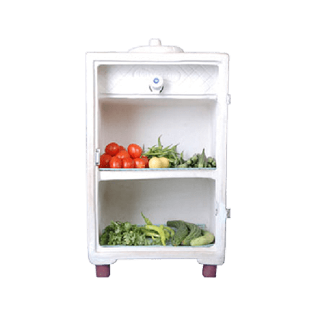 white refrigerator with red feet stands png