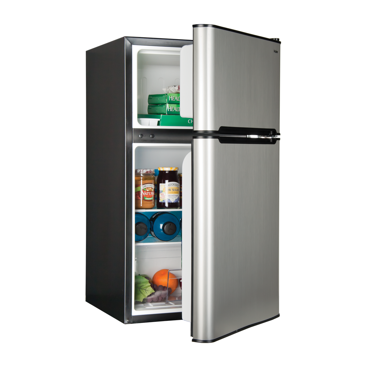 sleek stainless steel mini-fridge with black png