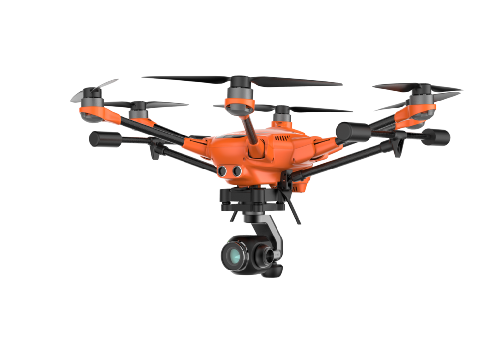 orange drone with black propellers and png