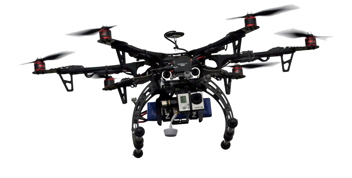 black drone with six red propellers png