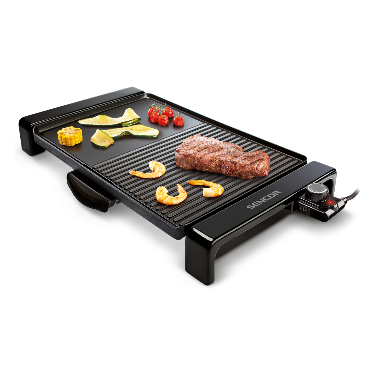 electric grill with vegetables and steak