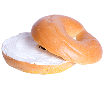 halved plain bagel with cream cheese