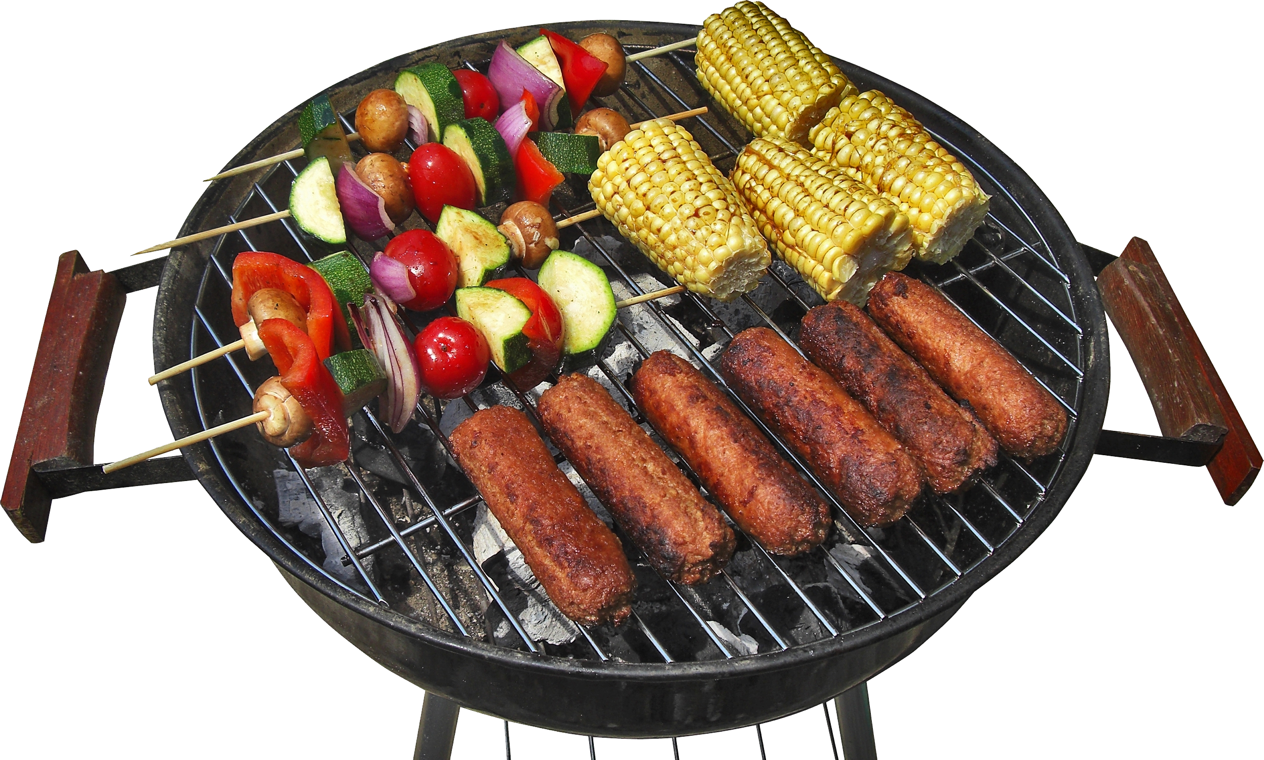 round bbq grill with sausages and corn