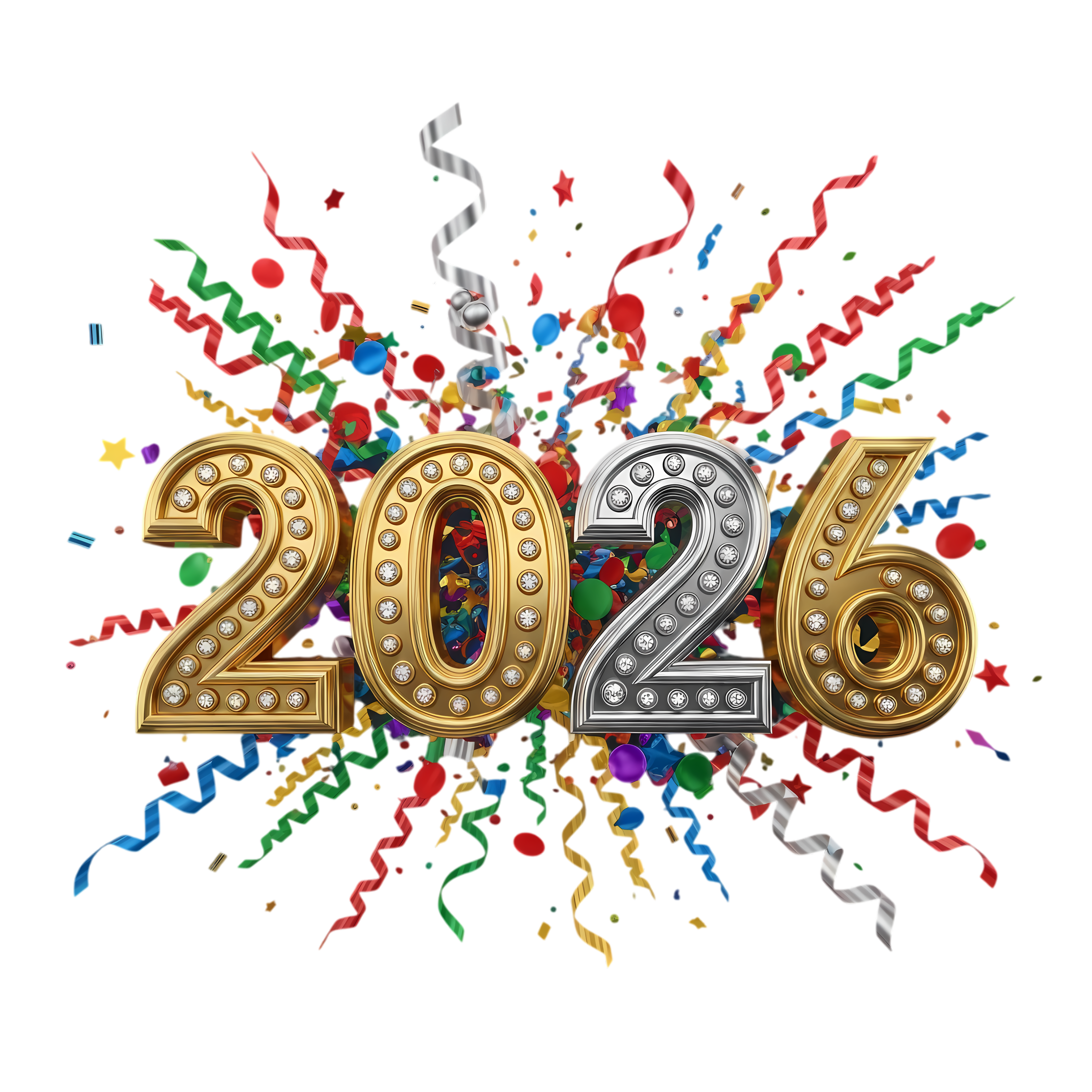 3d gold 2026 typography with party confetti and streamers