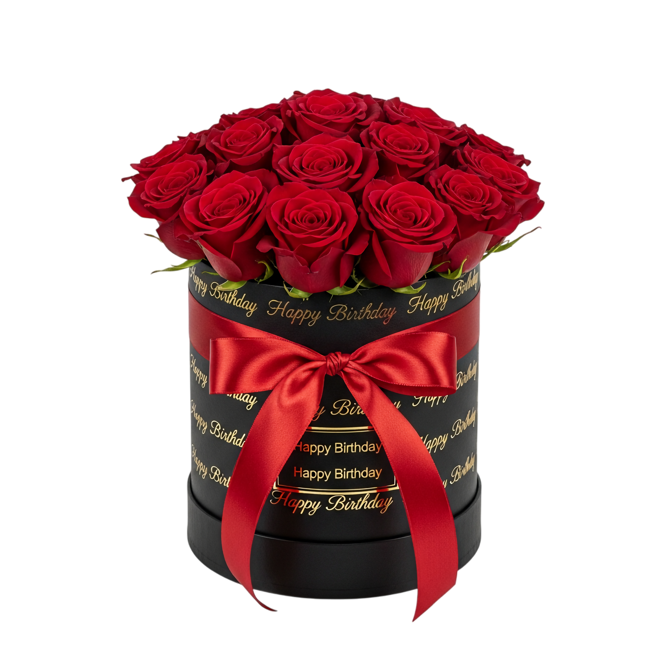 black birthday box with elegant red rose bouquet