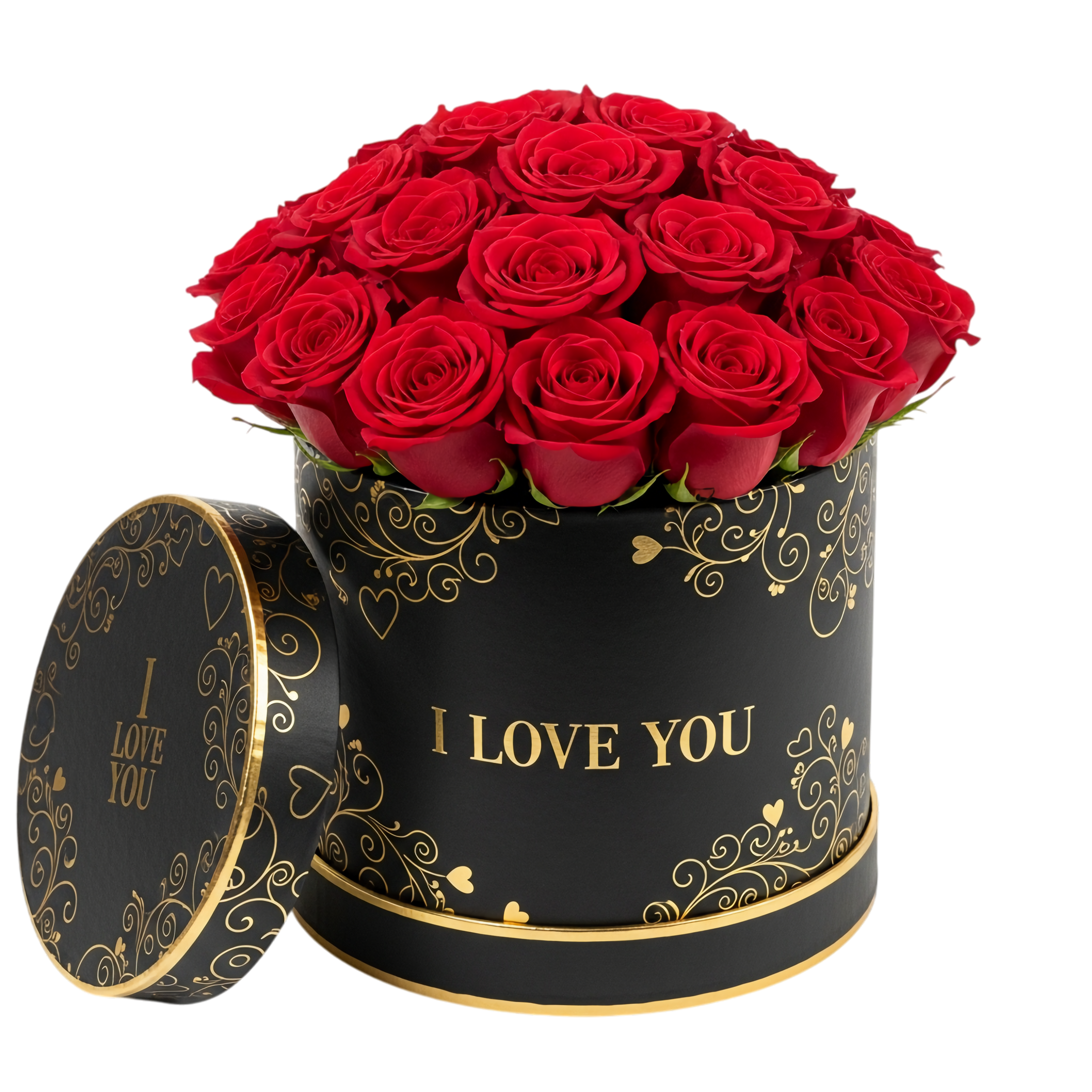 black box with red roses with gold i love you lettering