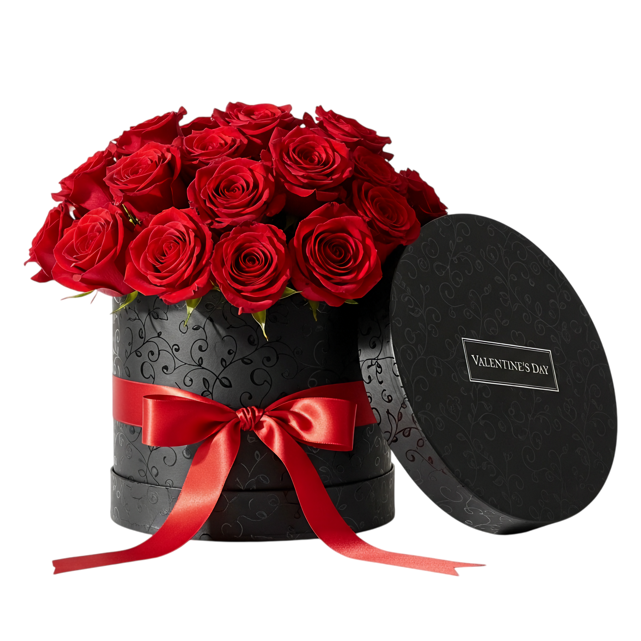 black hatbox with red roses bouquet