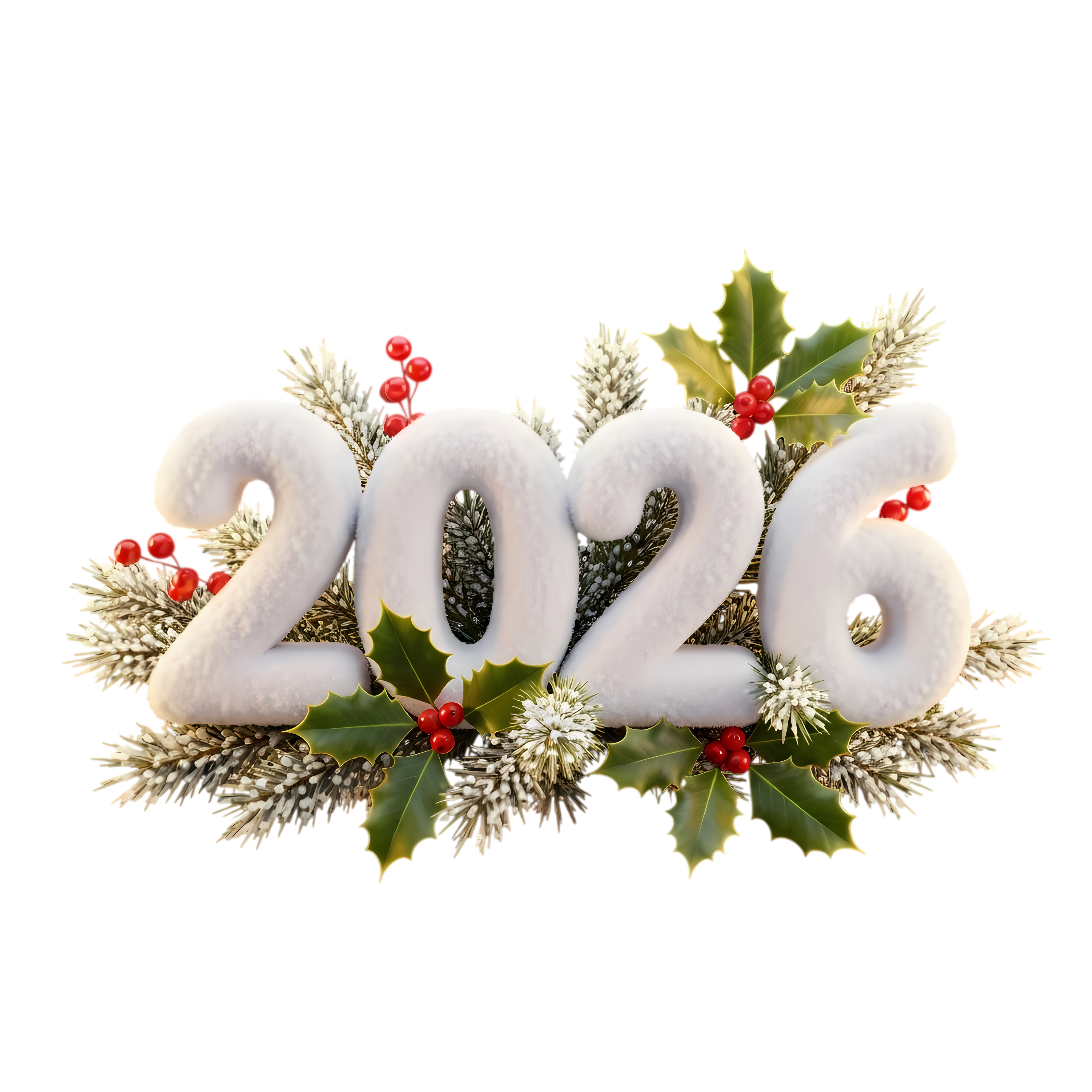 Snow-Covered 2026 Numerals with Holly Berries