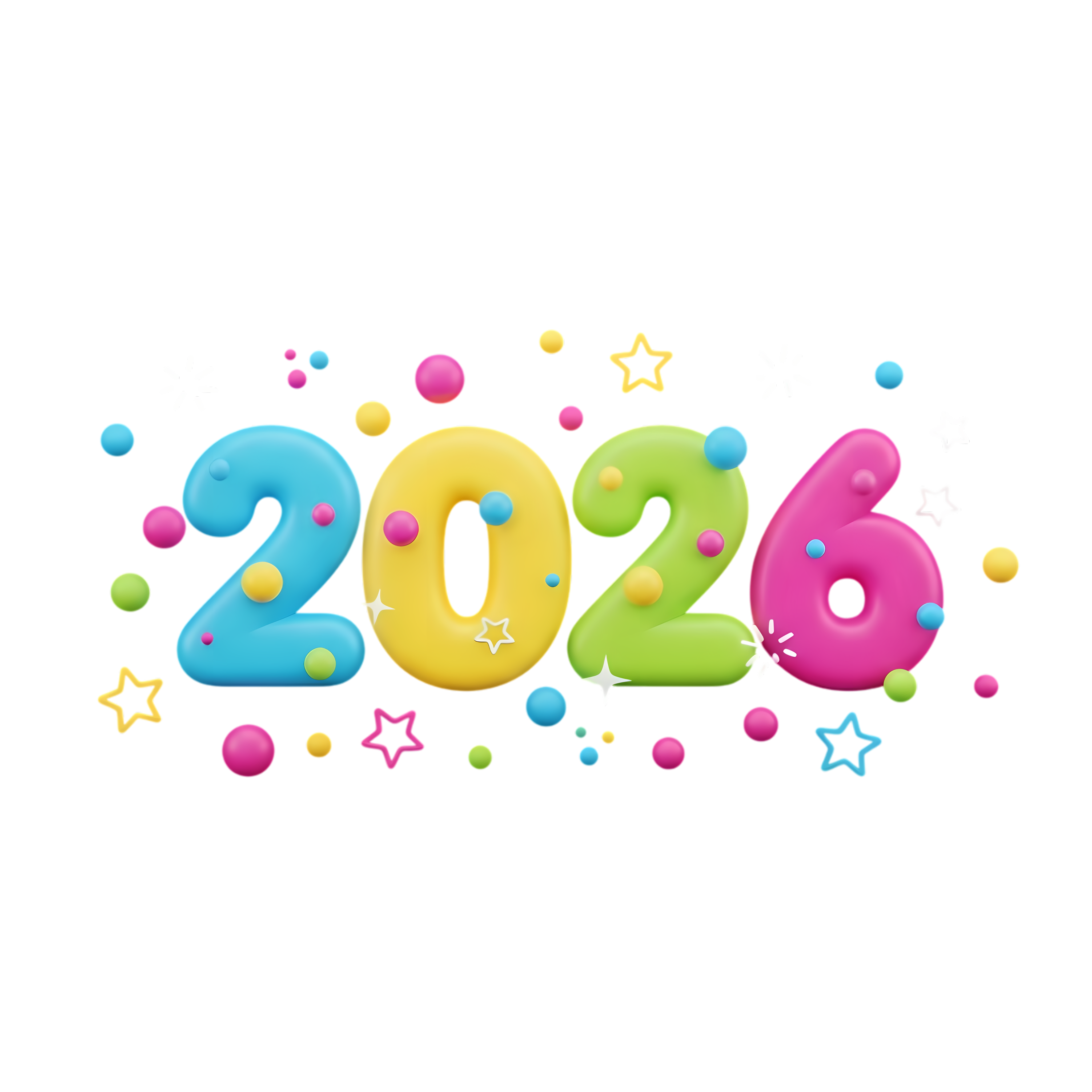 cute colorful 2026 typography with stars and confetti