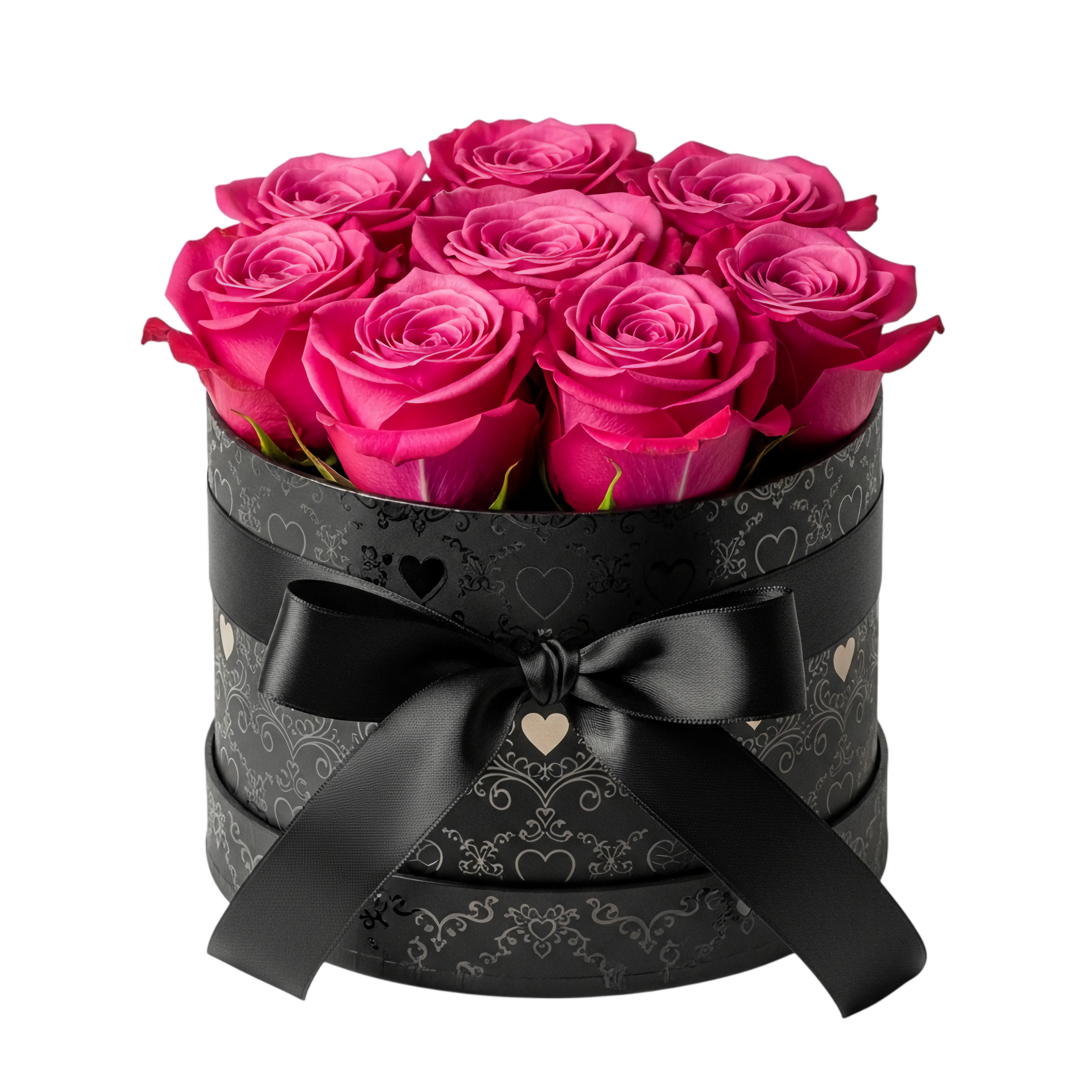 deep pink roses in black box with ribbon