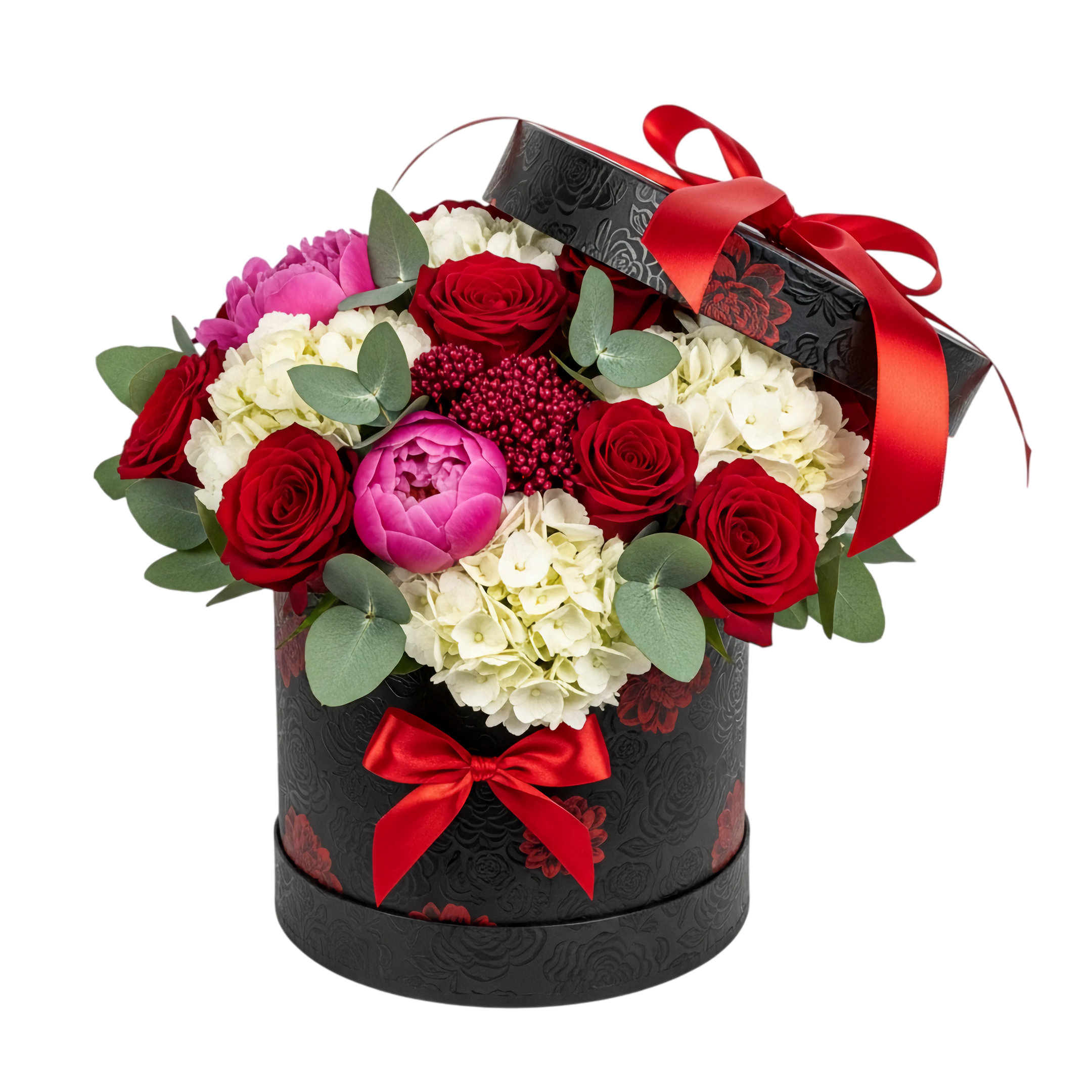 elegant bouquet in black round gift box