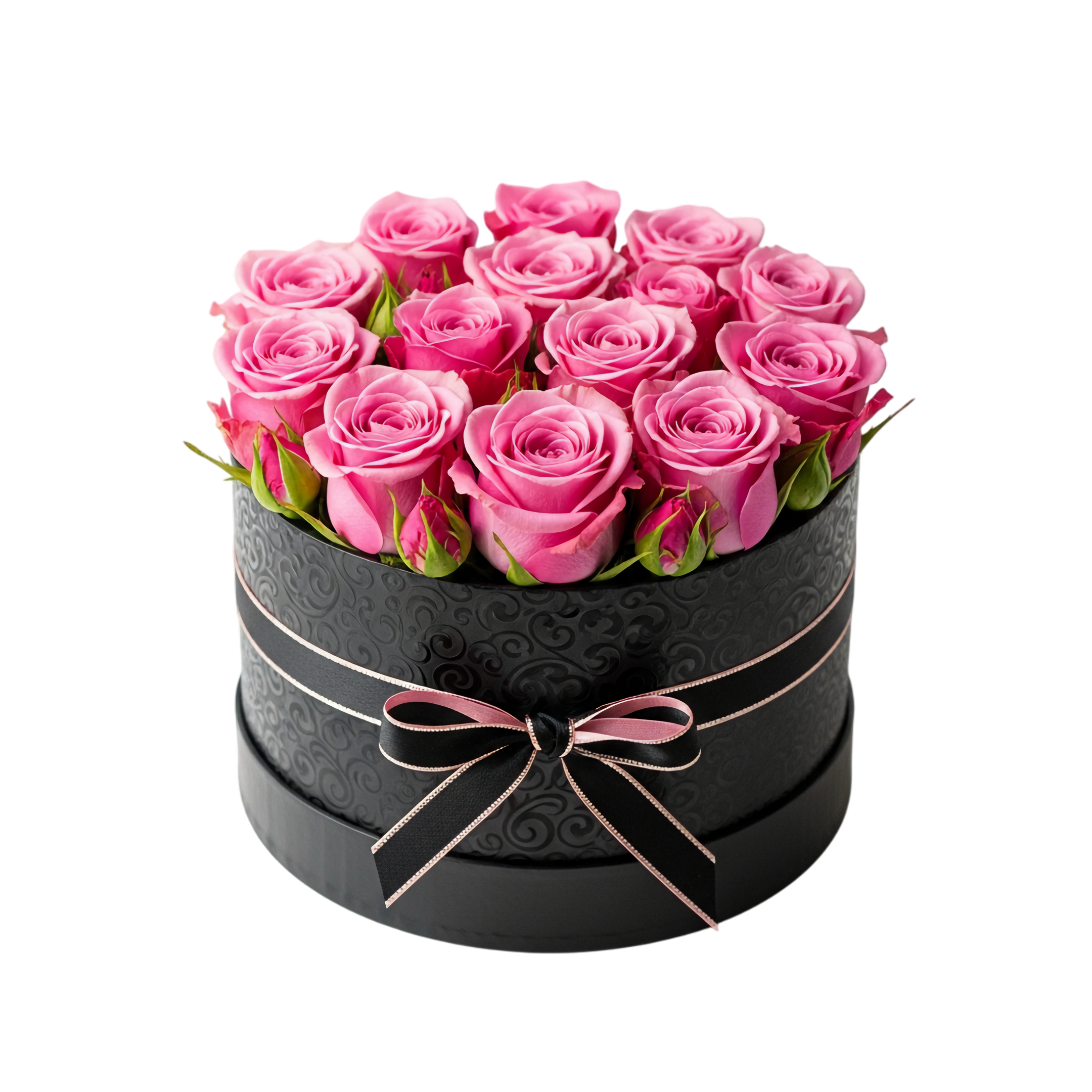 fresh pink roses in black round gift box