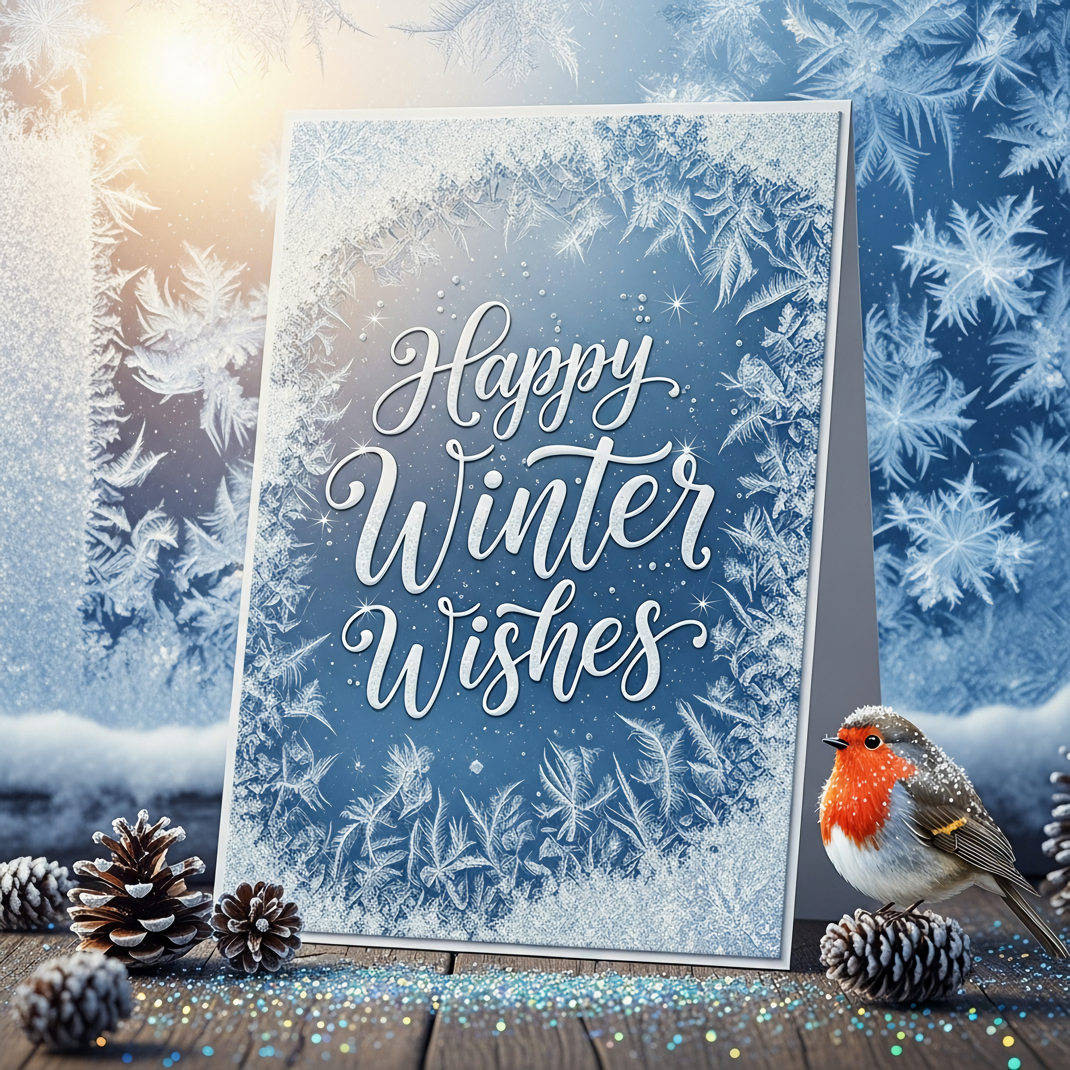 happy winter wishes card with frosty background