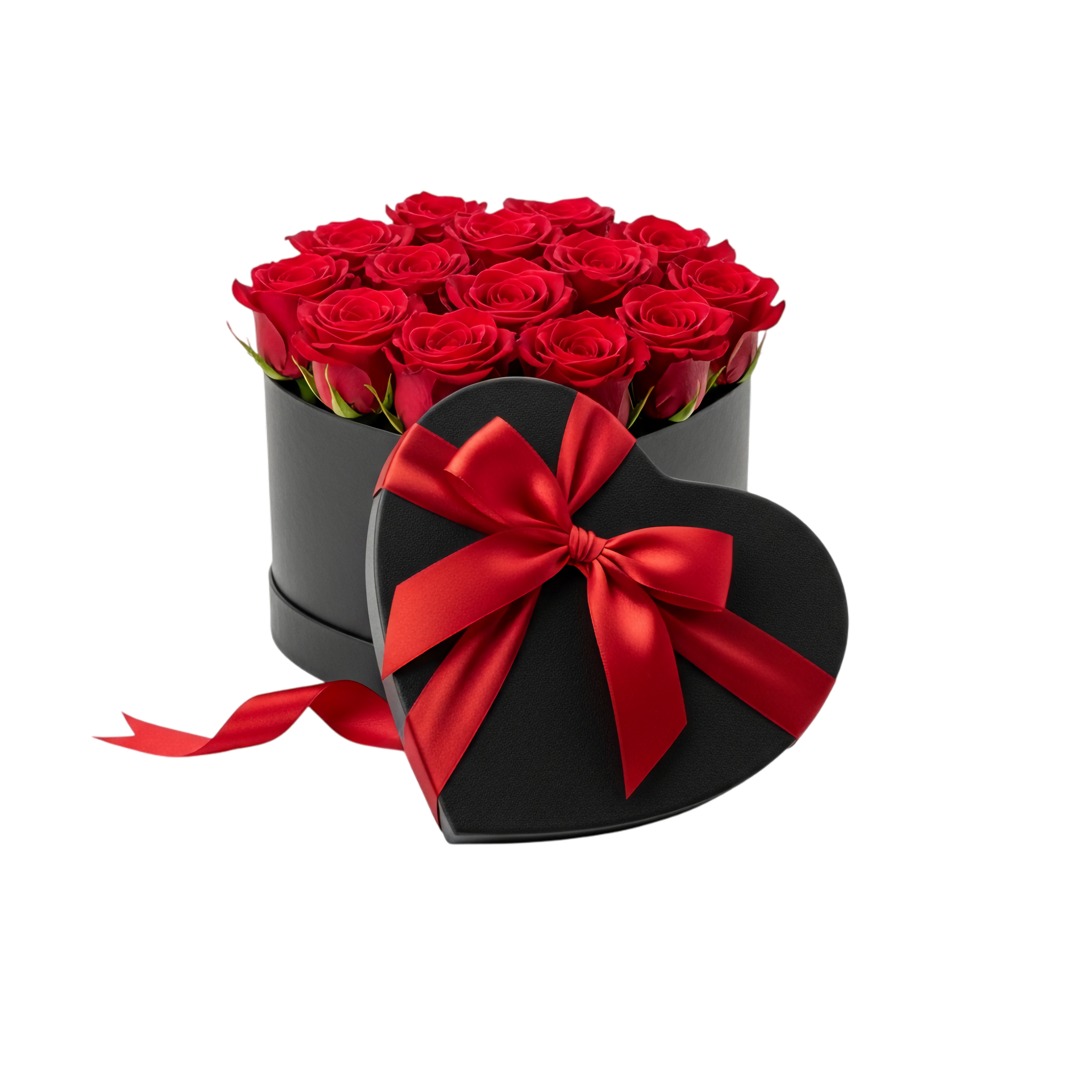 heart box with red rose bouquet romantic gift