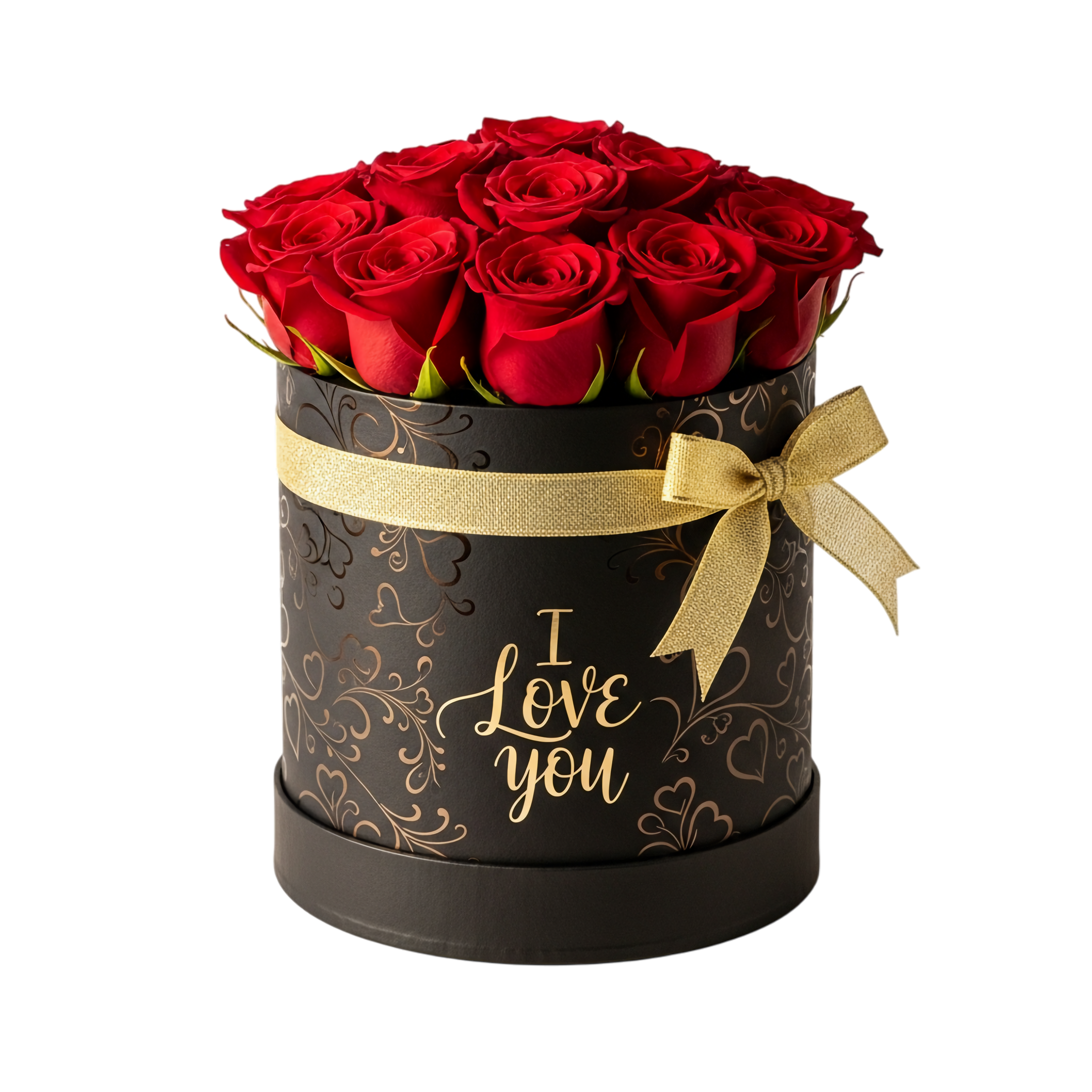 luxurious black box with red roses and gold i love you phrase