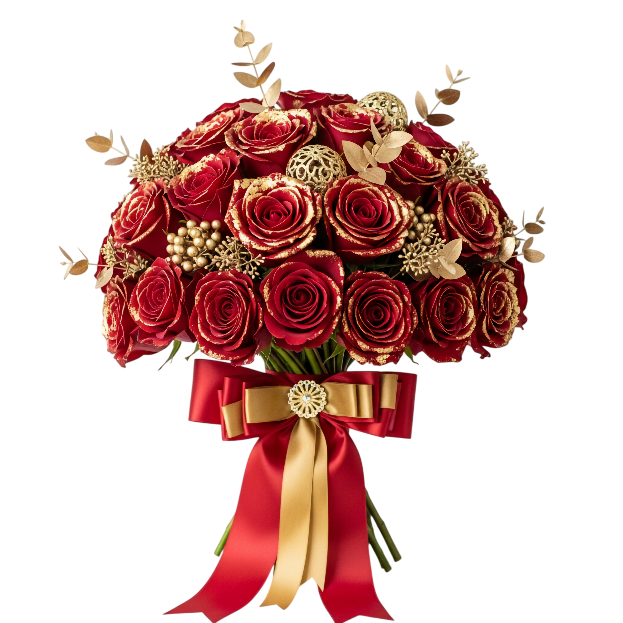 luxury red rose bouquet with gold accents