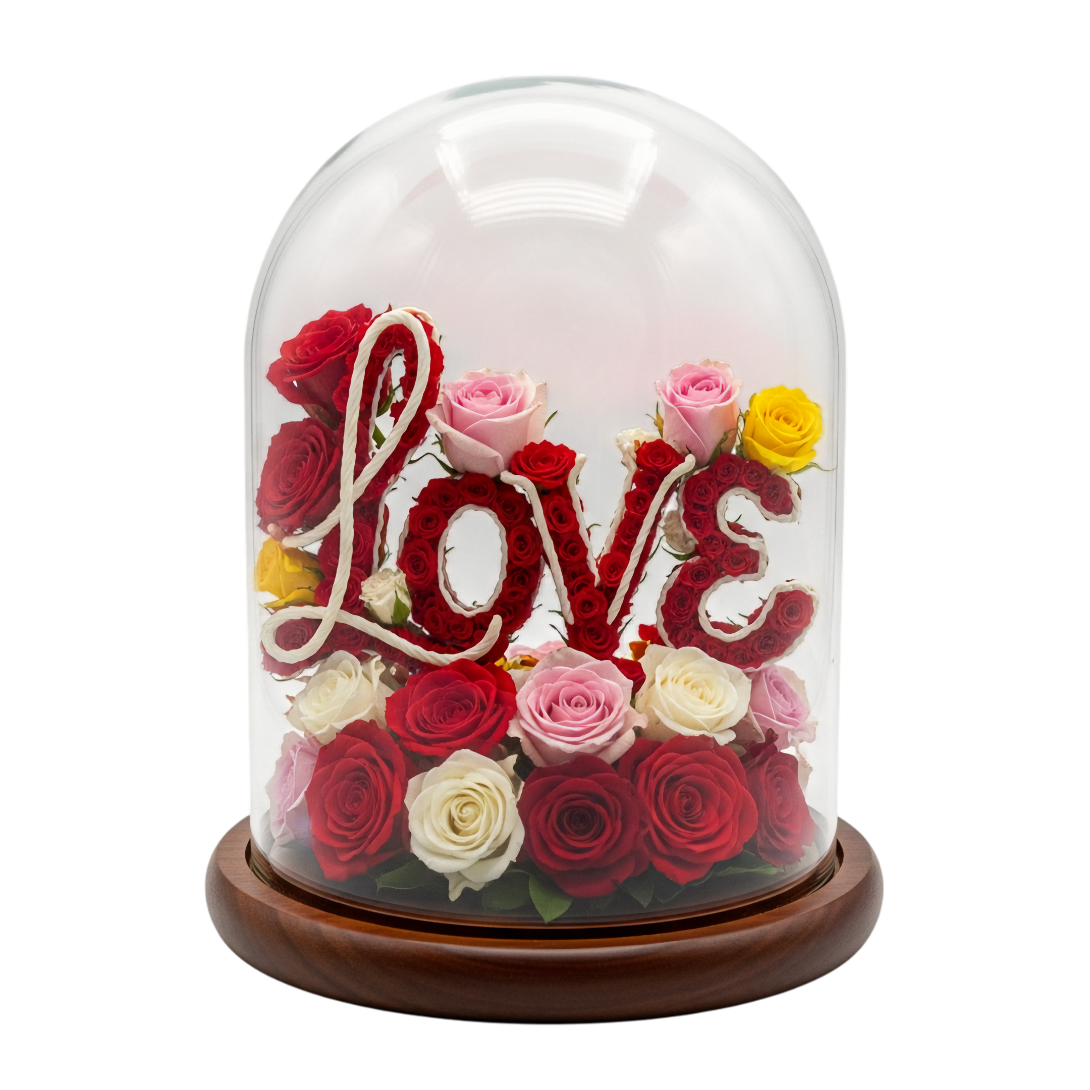 mixed roses in glass dome love display