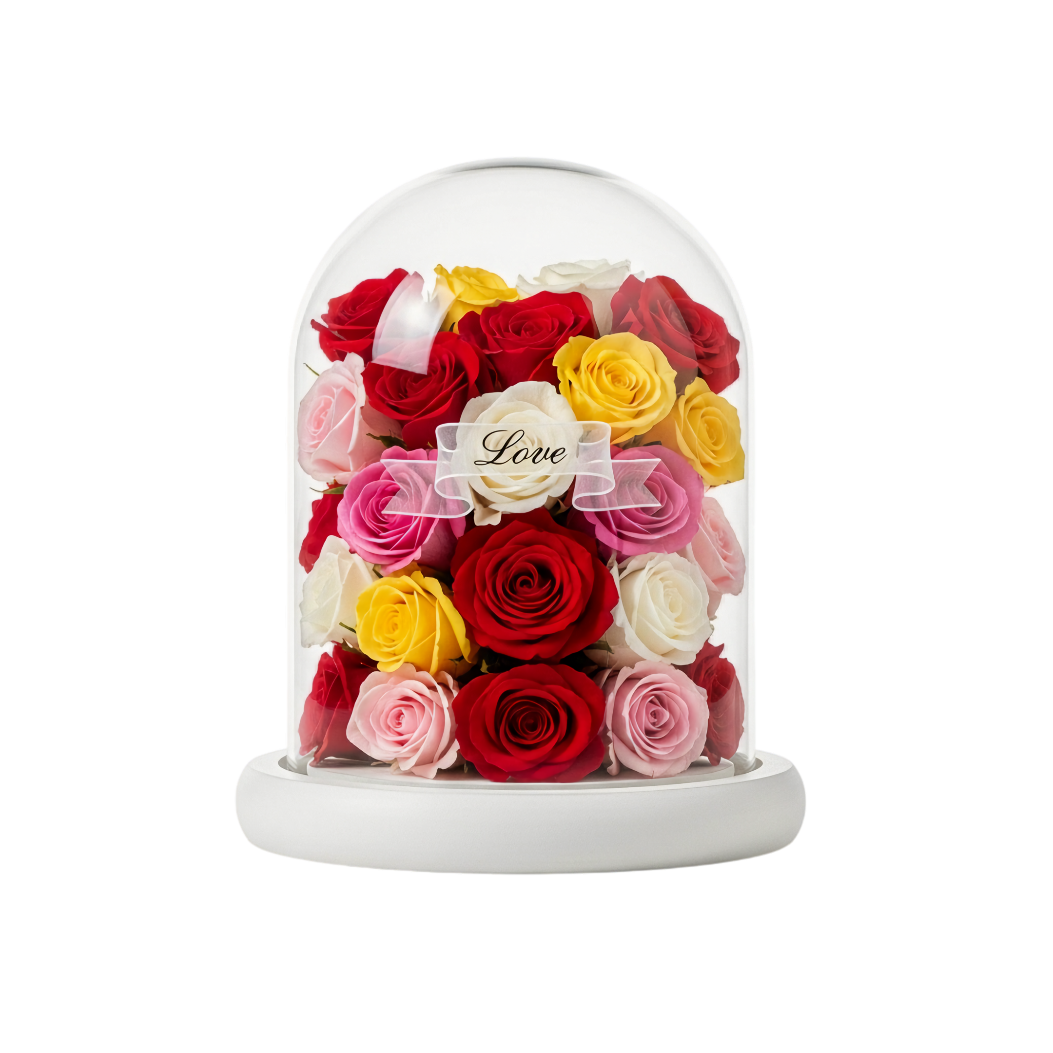 mixed roses in transparent dome