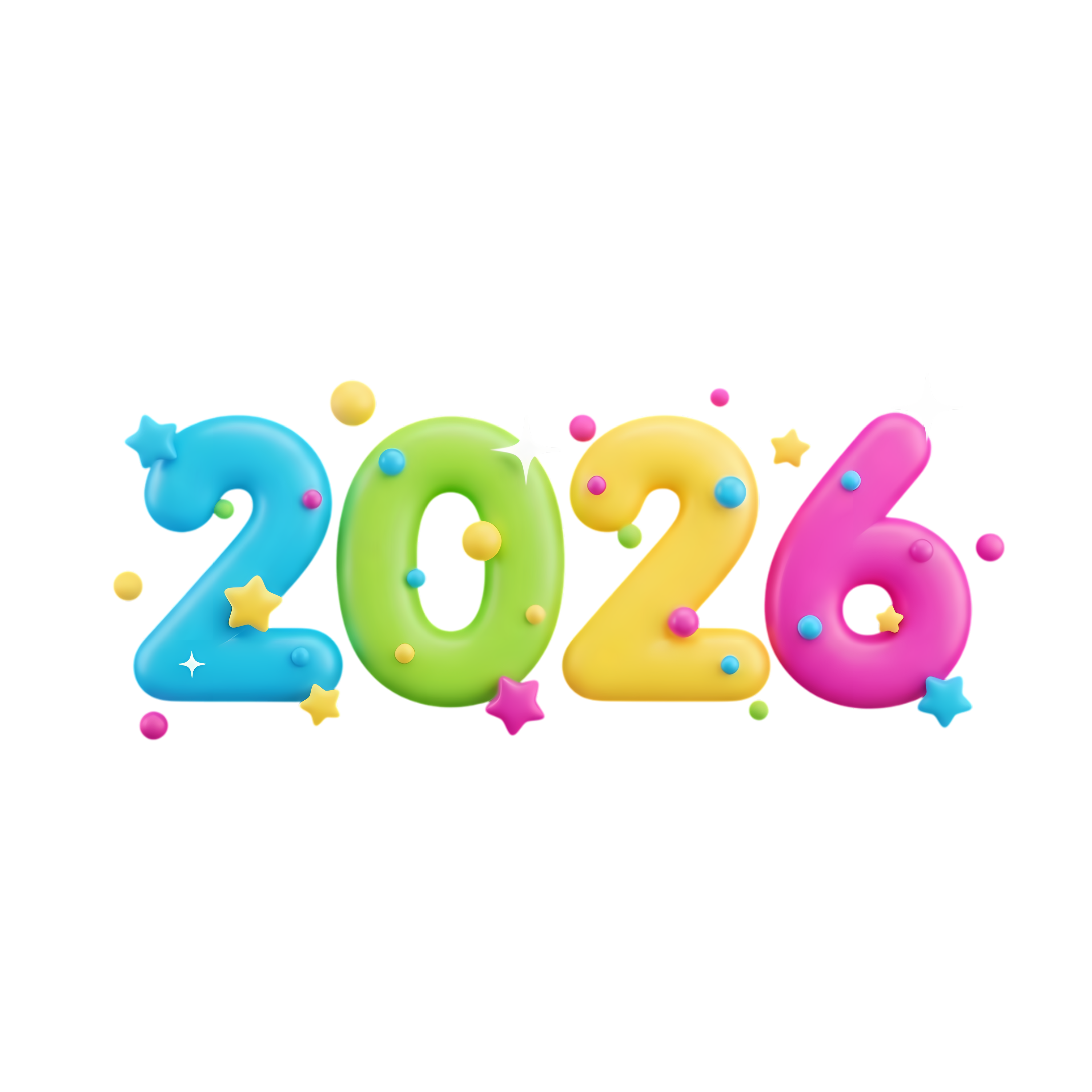 Glossy 3D 2026 Digits with Confetti Dots