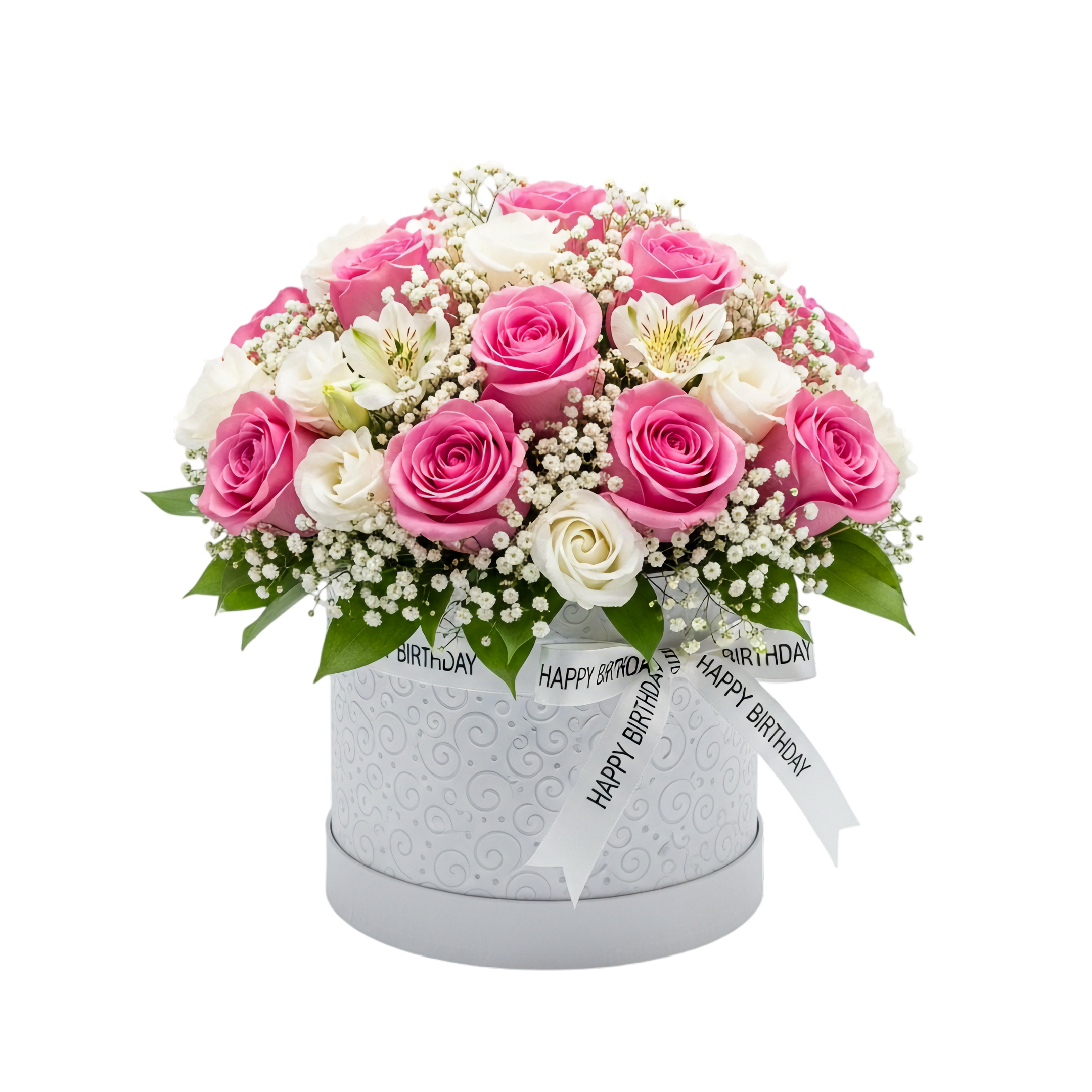 pink roses birthday bouquet in round box