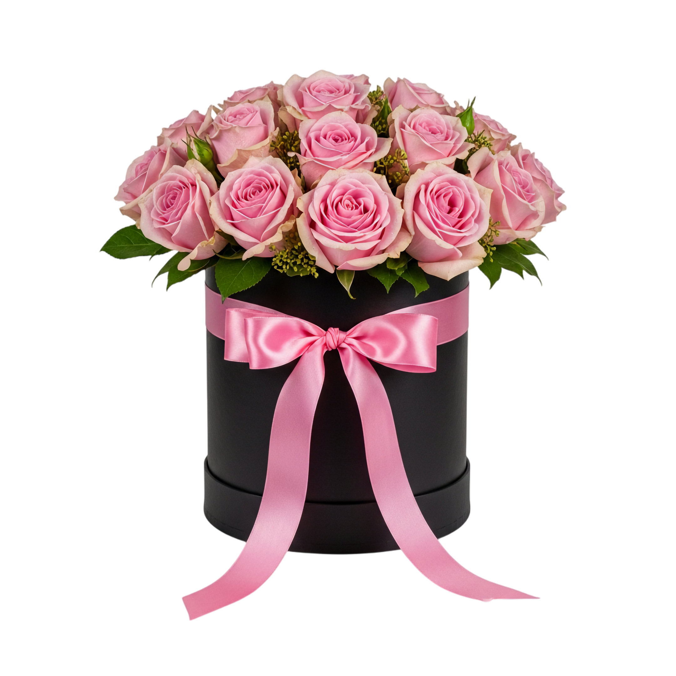pink roses in black round box with satin bow