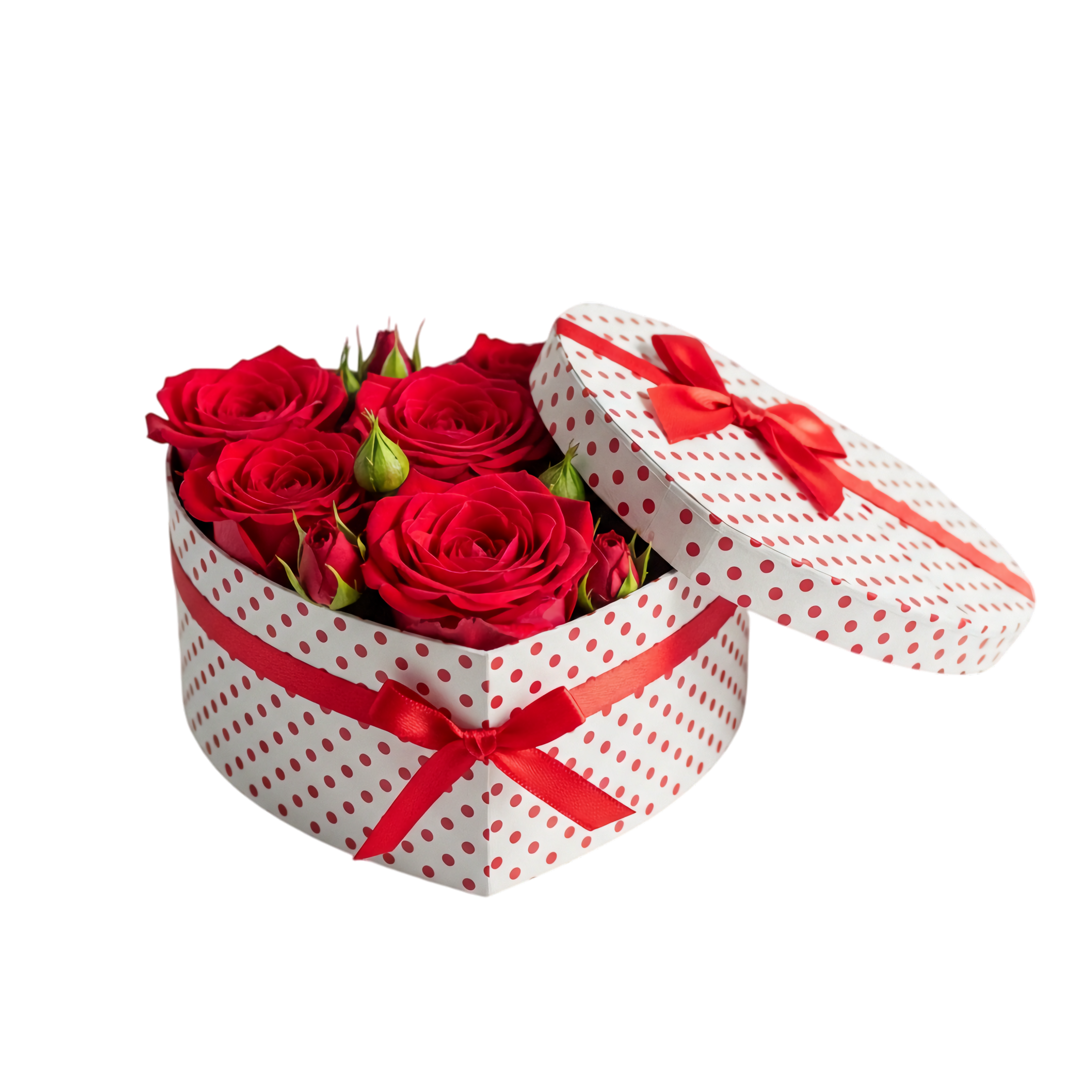 polka dot heart box with red roses