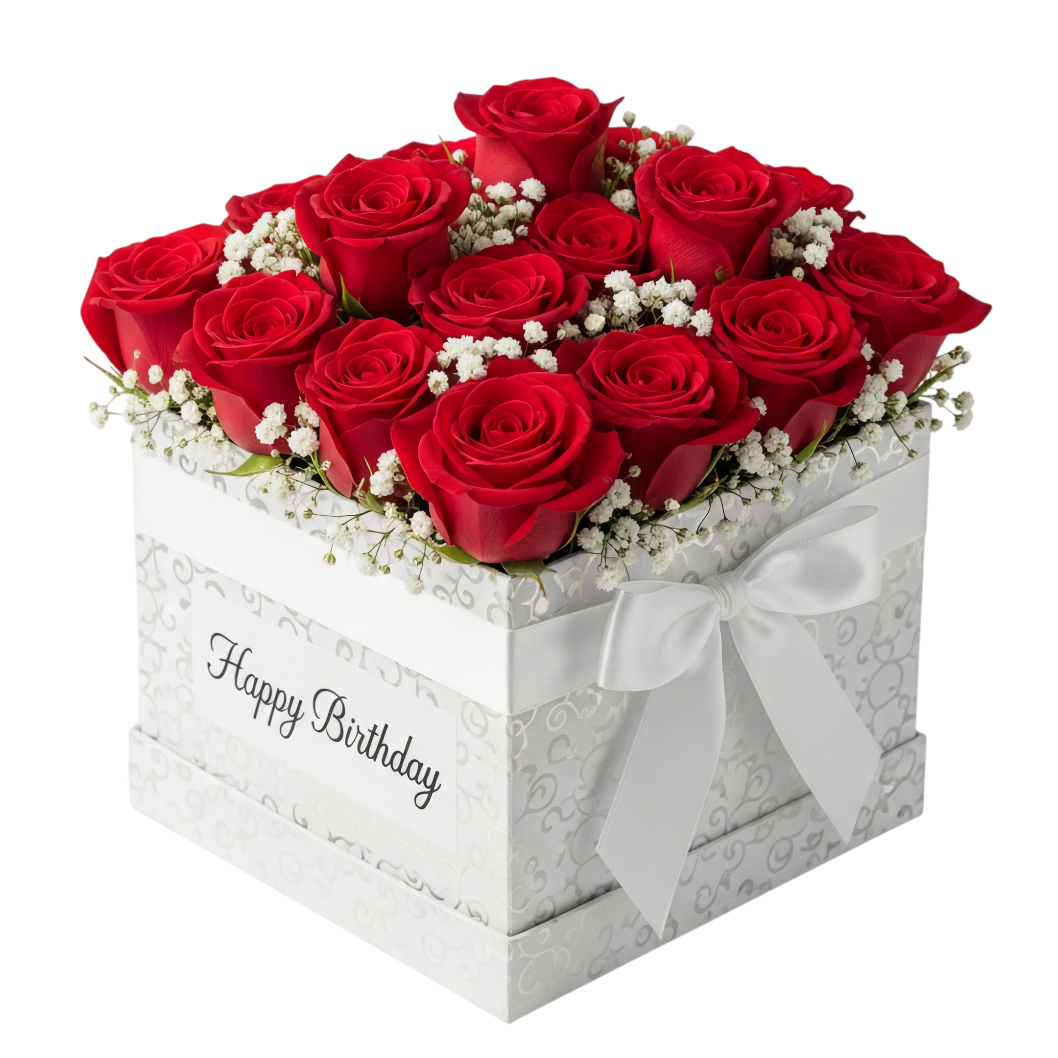 red birthday flowers in white square box