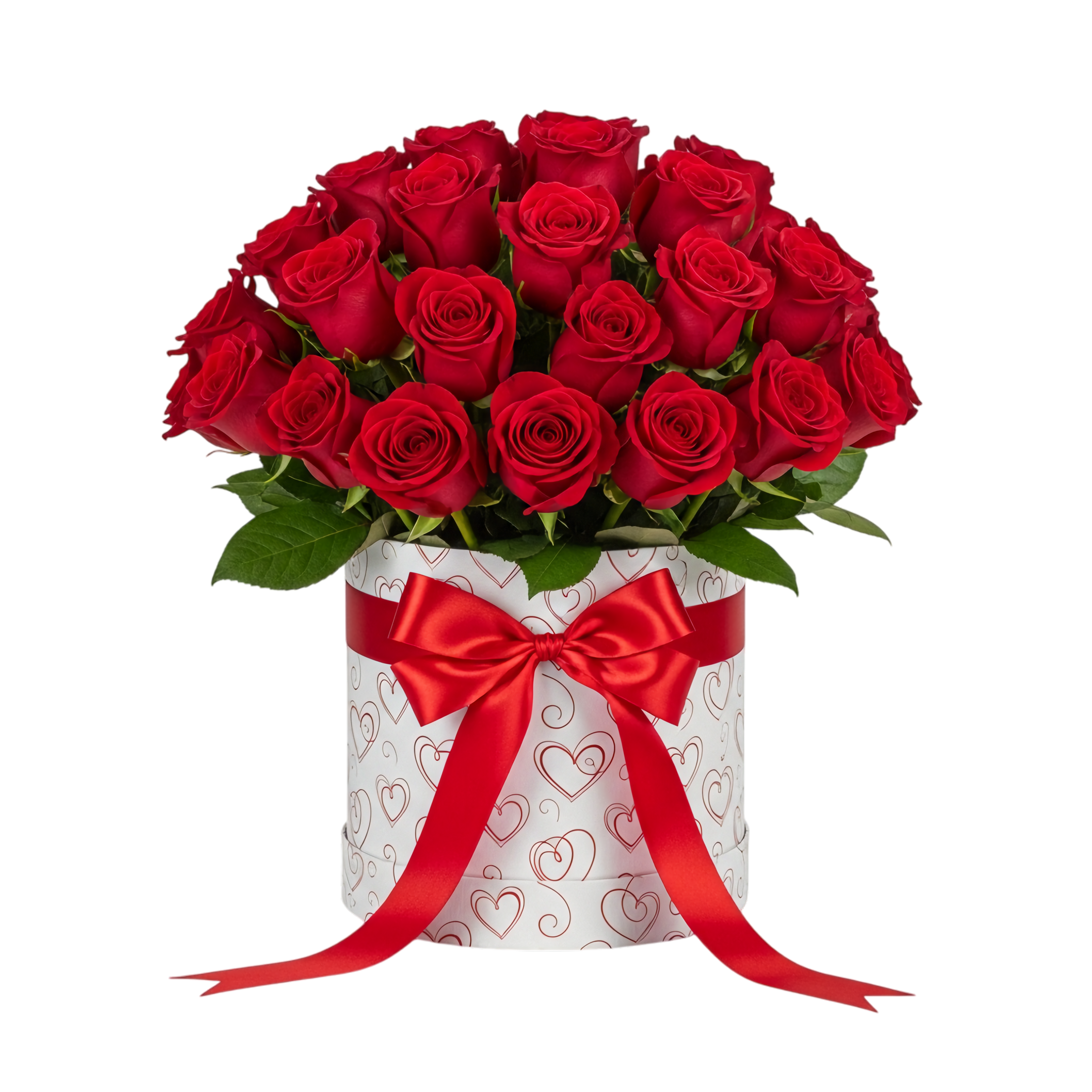 red rose bouquet in white gift box