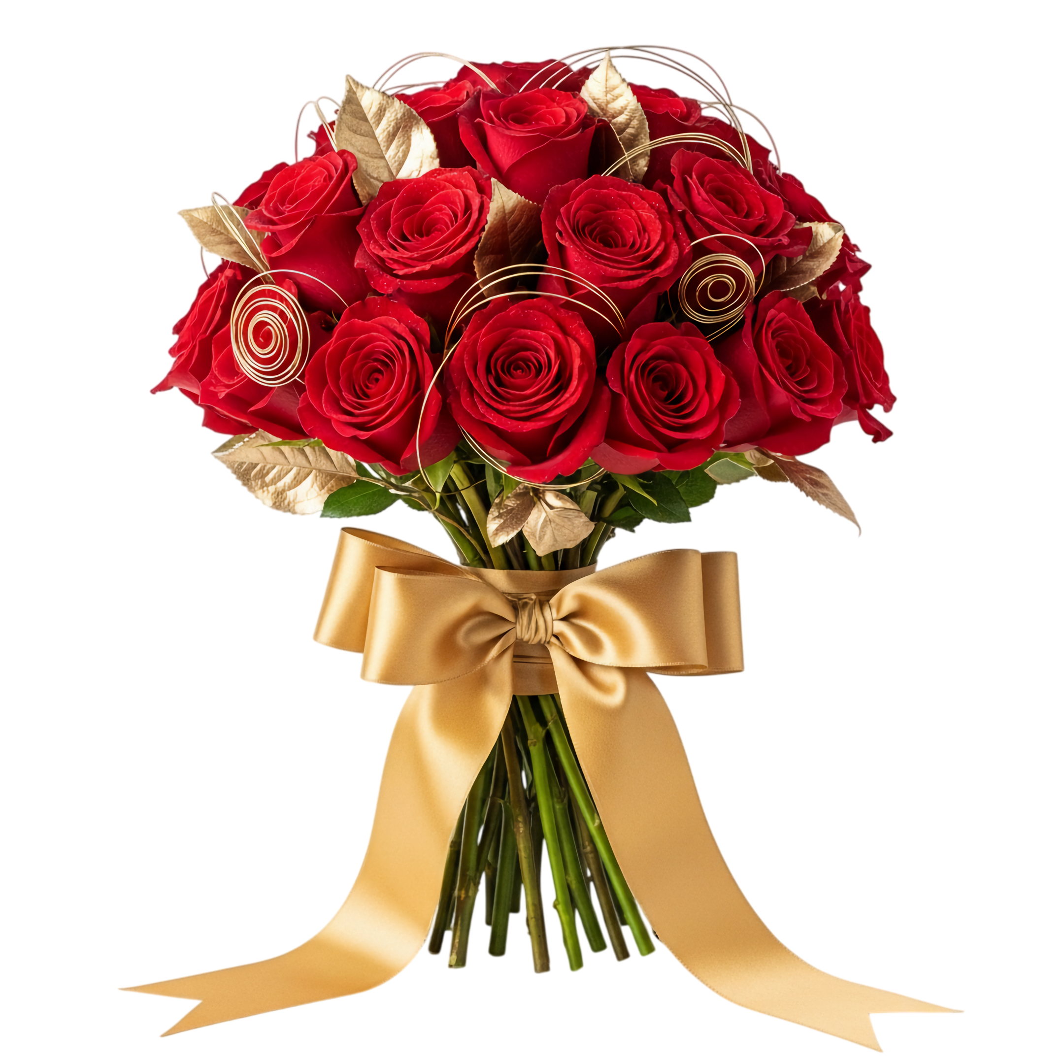 red rose bouquet with gold ribbon accent