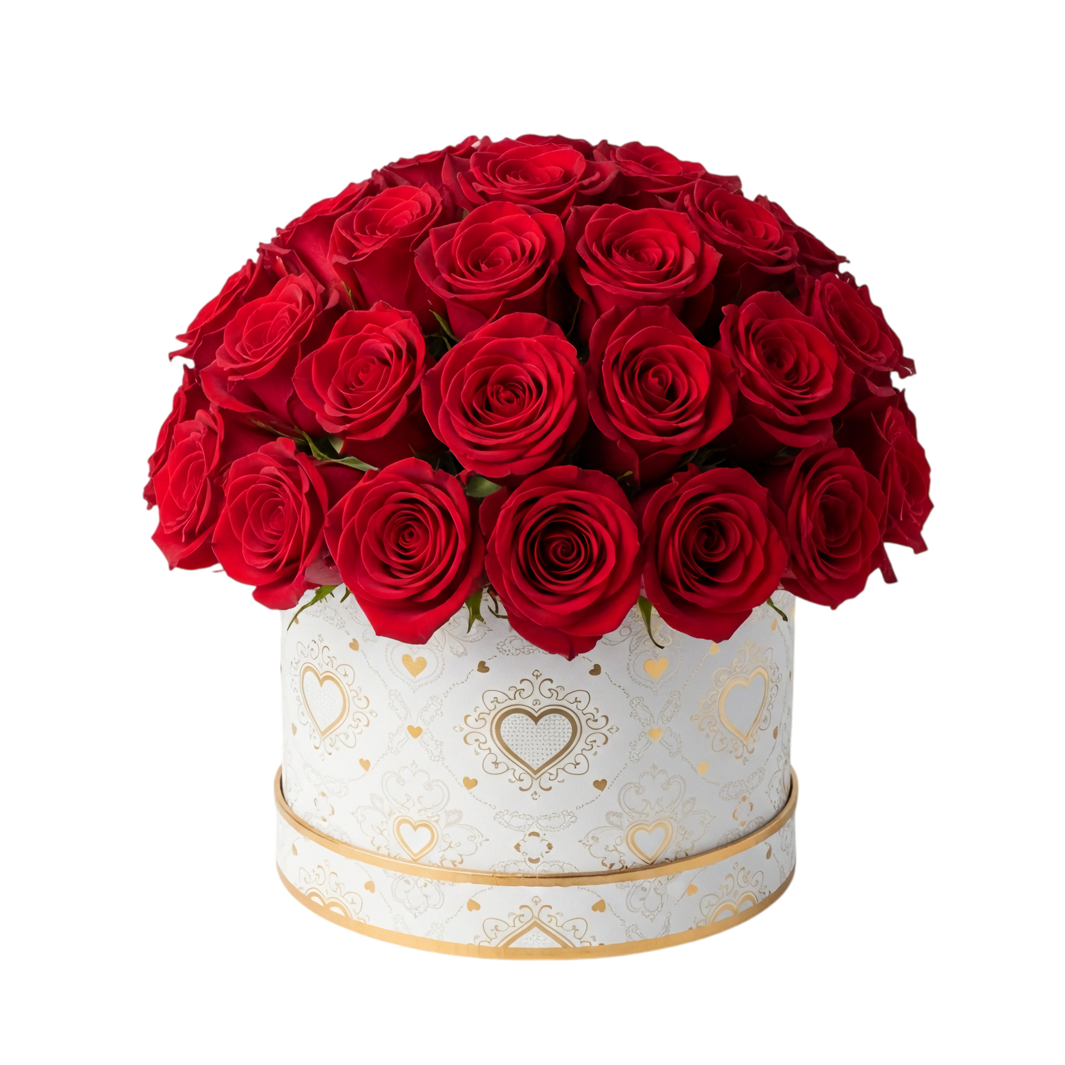 red roses hatbox floral arrangement