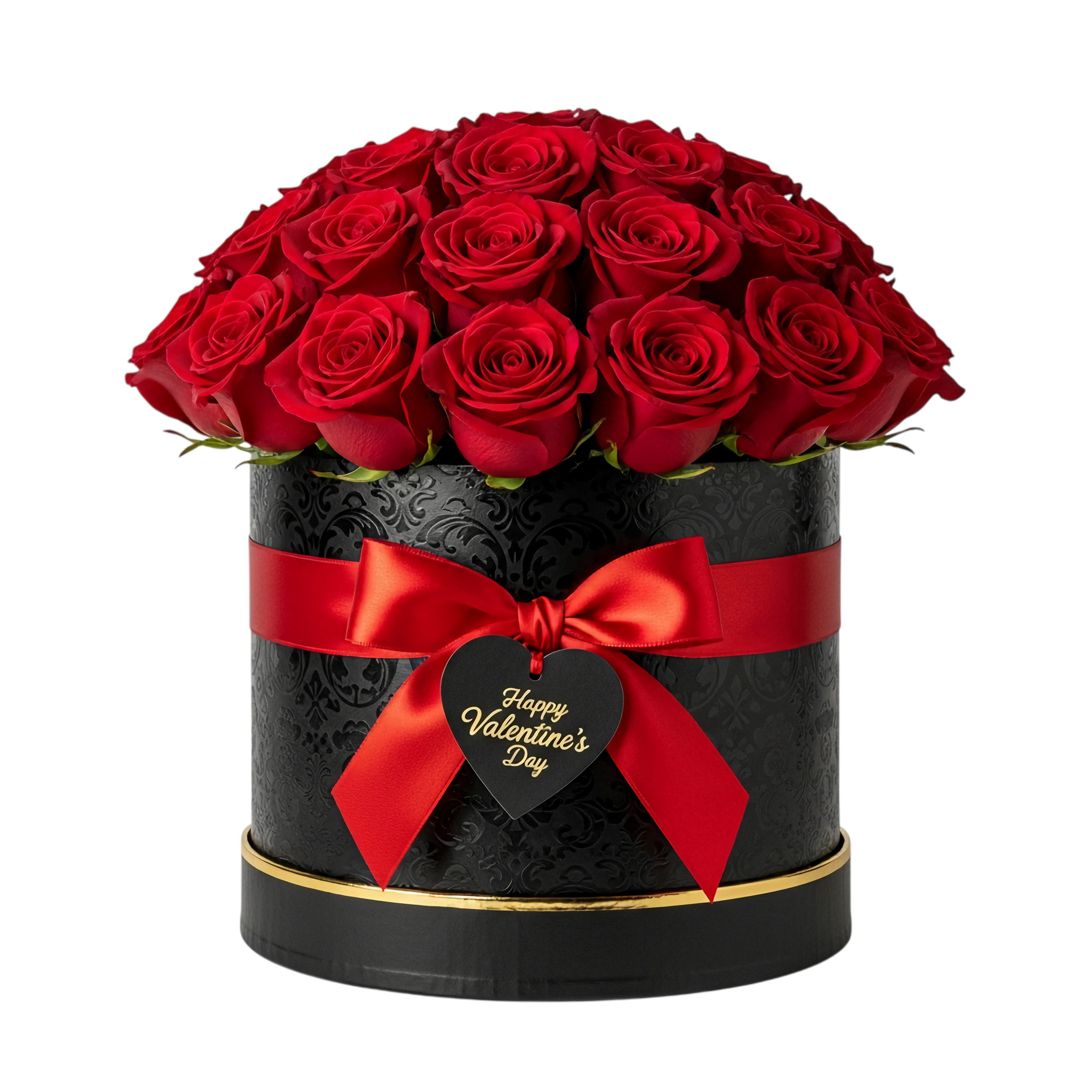 red roses in black hatbox gift