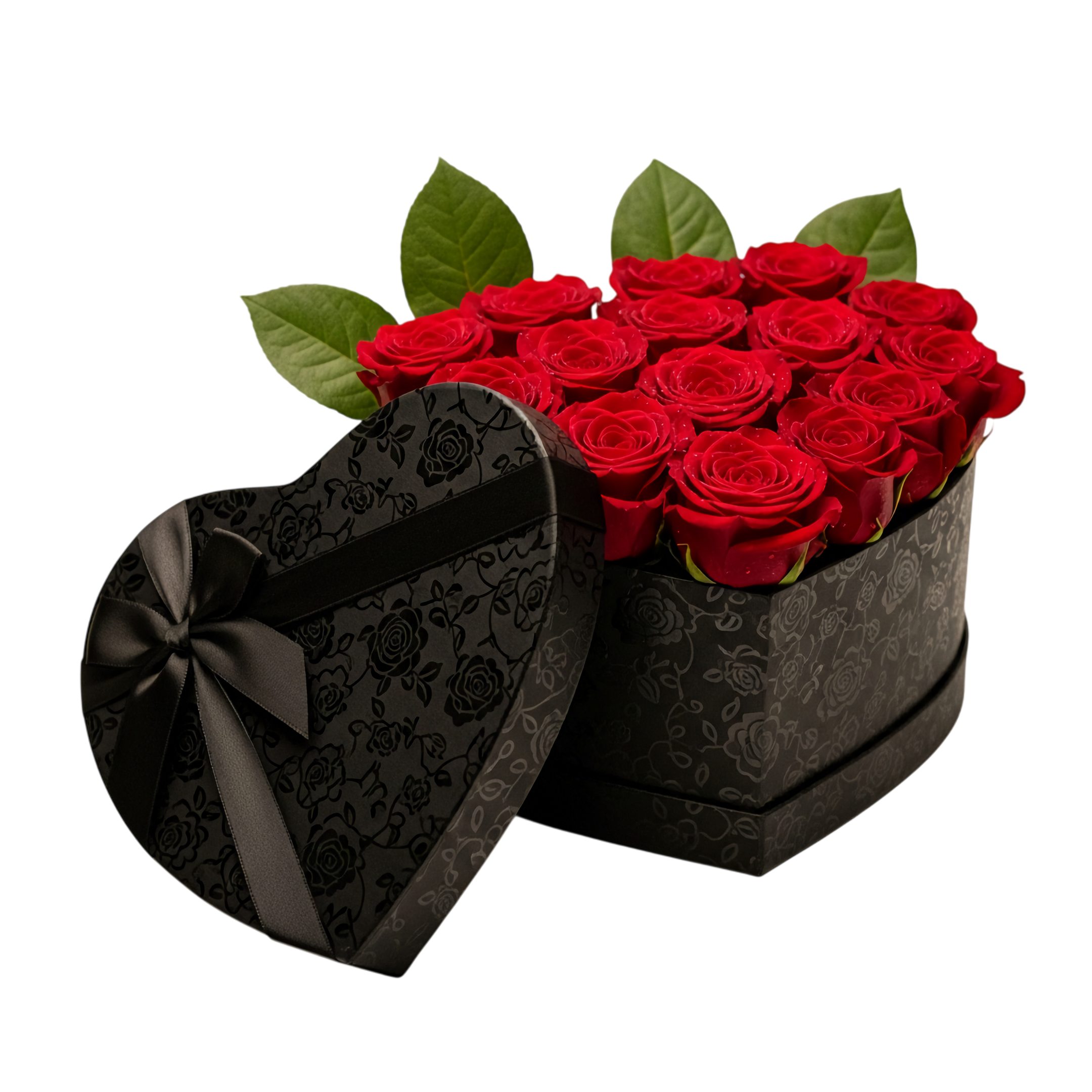 red roses in black heart box love gift