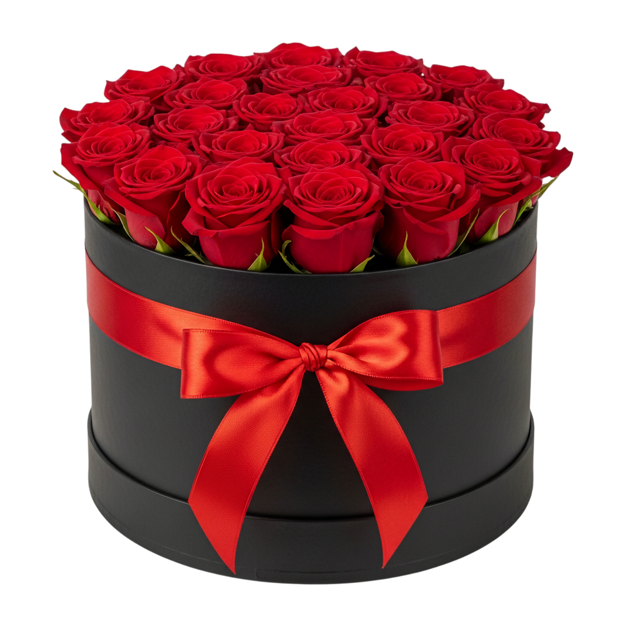 red roses in black round box with satin bow