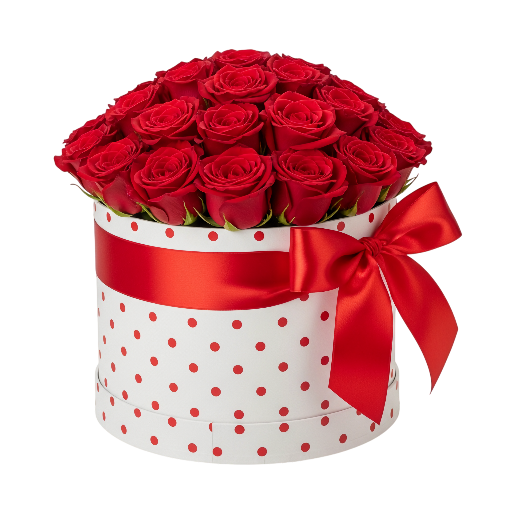 red roses in white polka dot box with ribbon