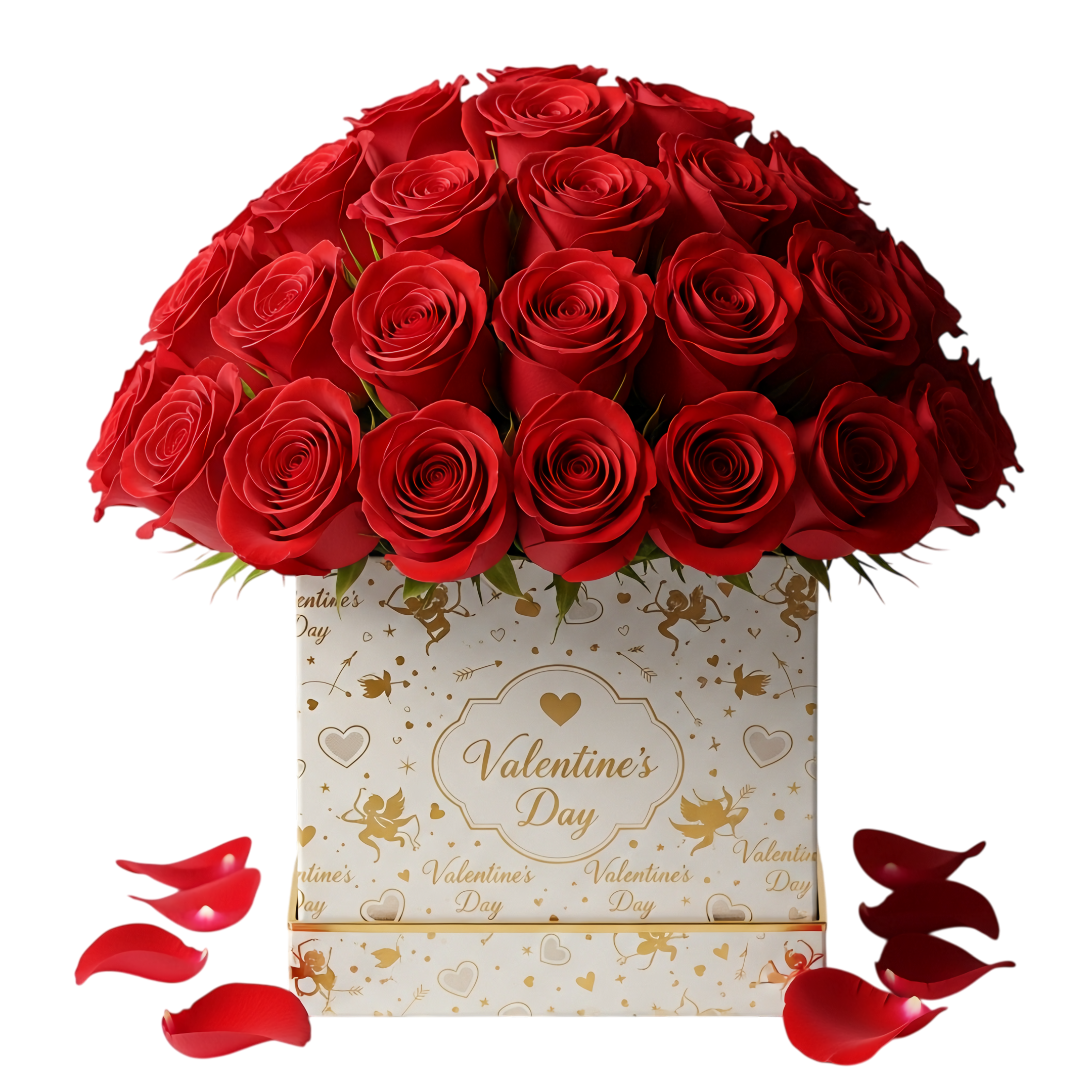 red roses in white square box with gold accent