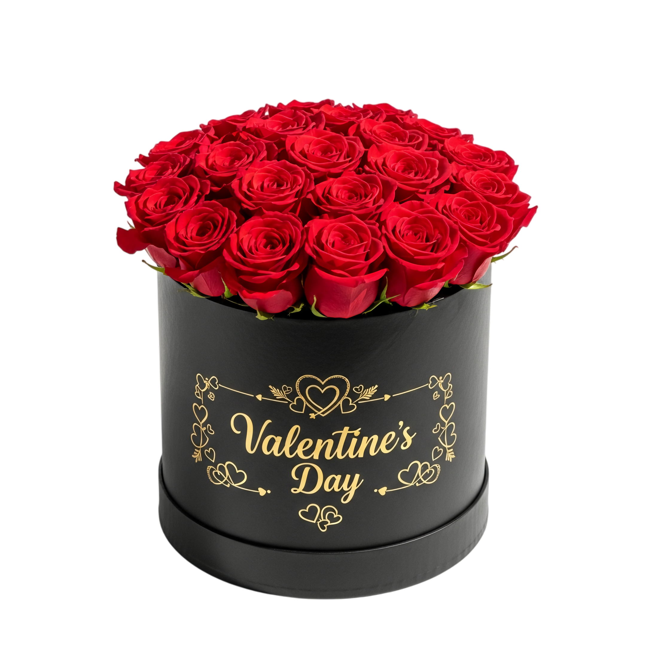 romantic red roses in black box with gold text