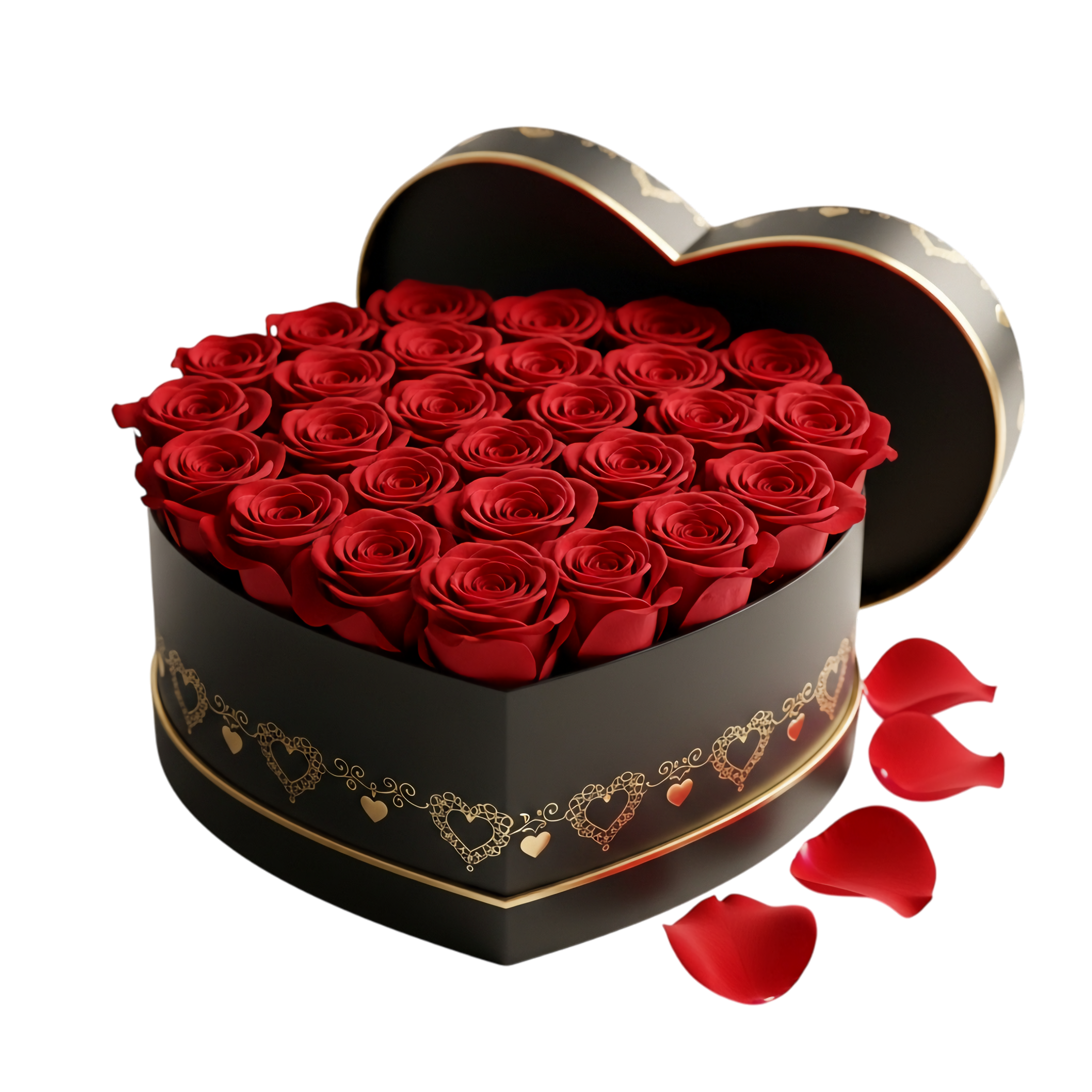 romantic red roses in black heart box