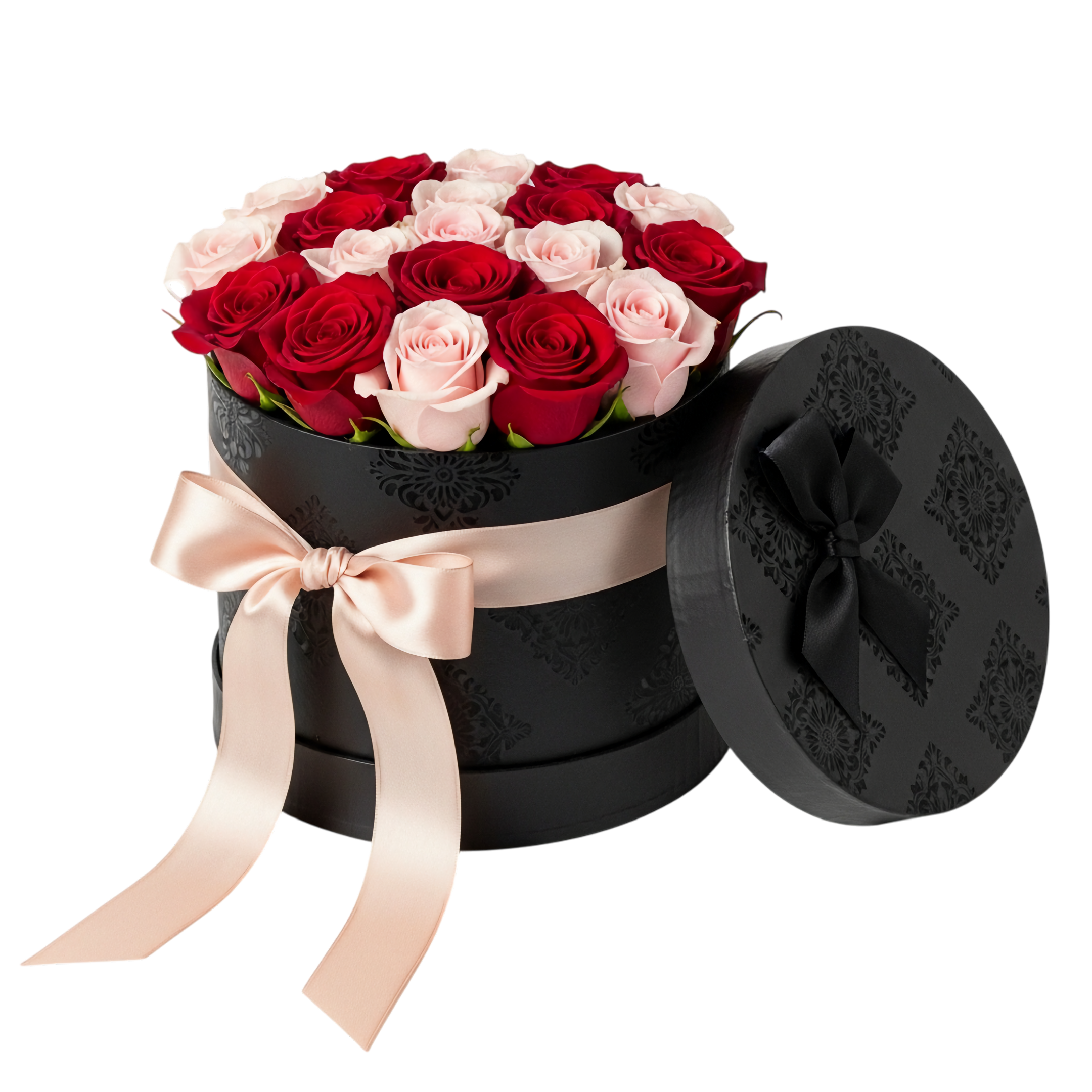 romantic roses in black round box