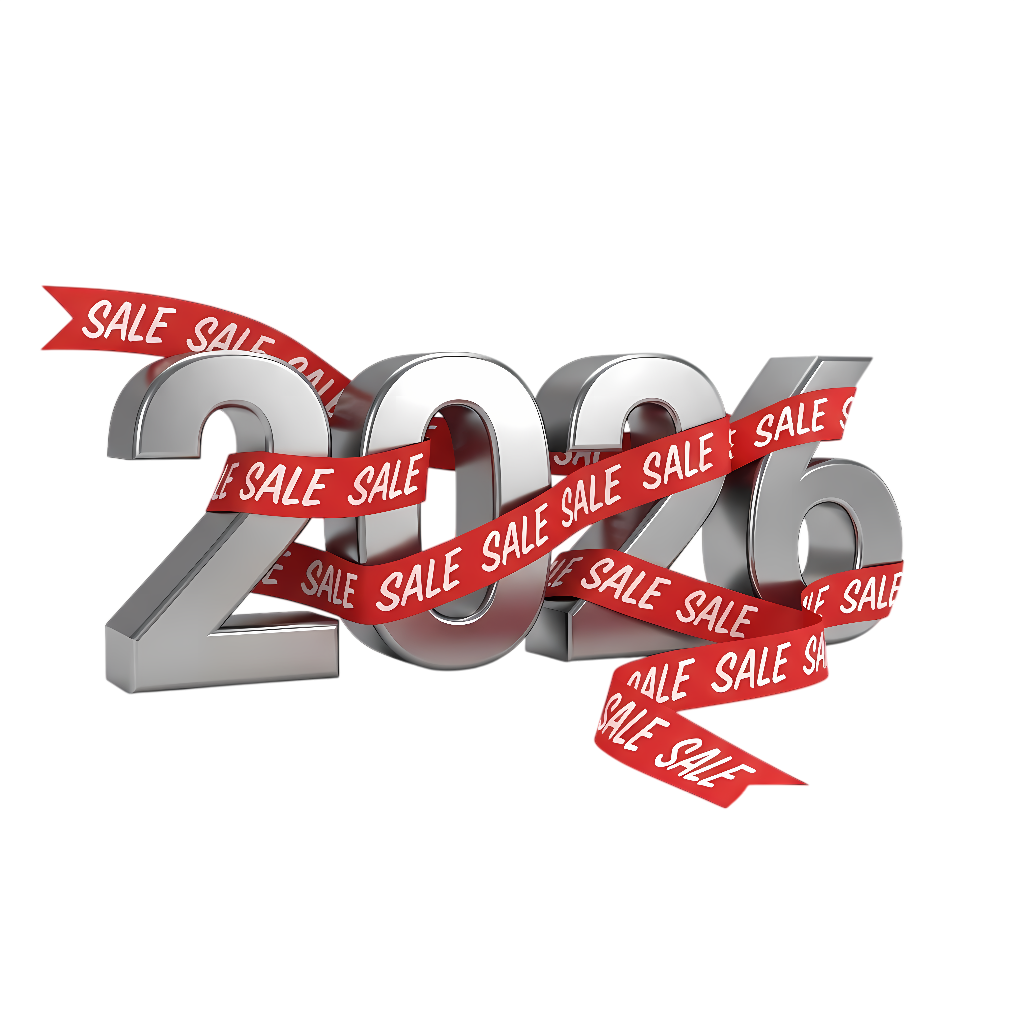 silver 2026 typography wrapped with red sale ribbons
