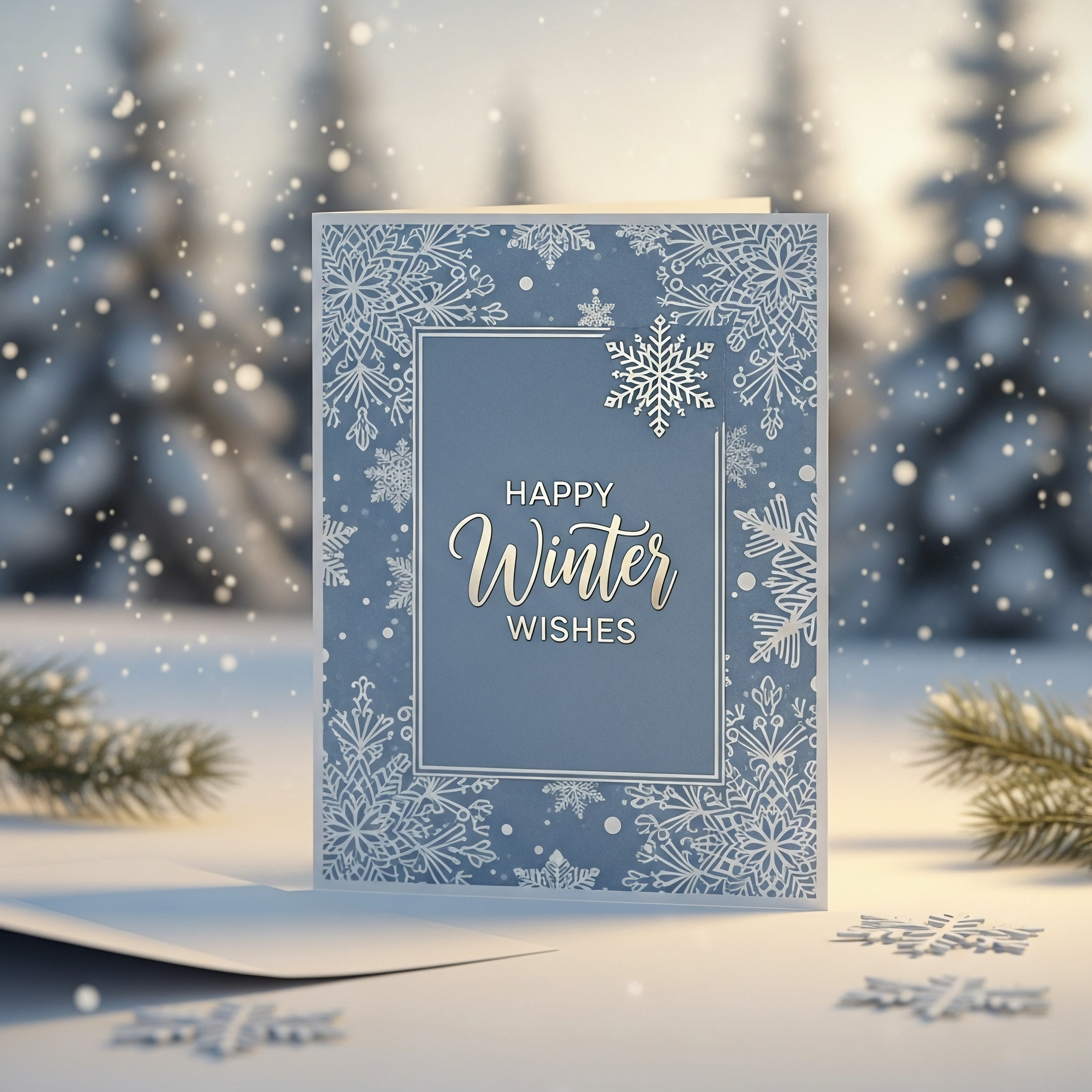 Winter Greeting Card with Blue Snowflake Border